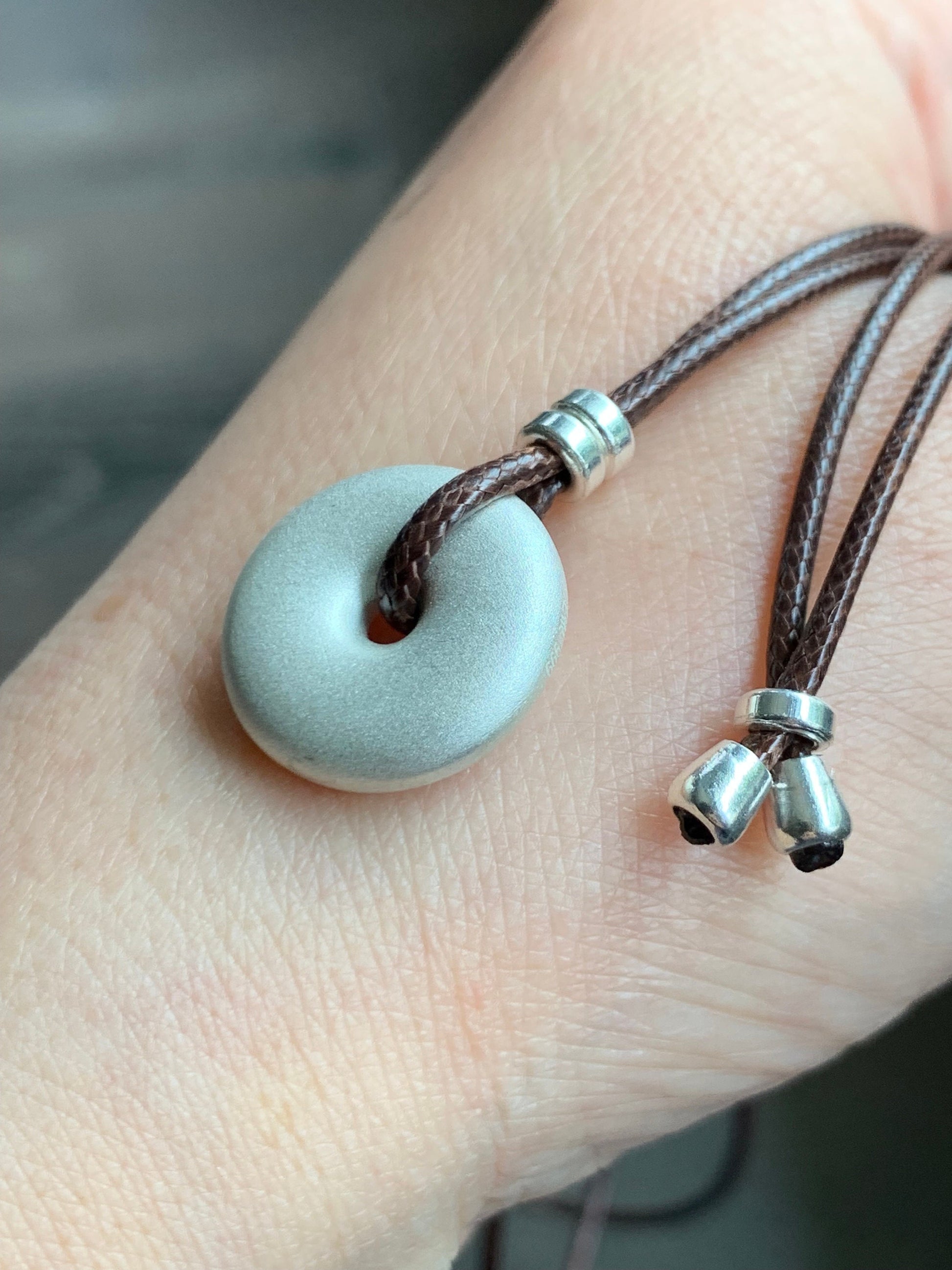 Solid 999 Sterling Silver Small Ping An Kou Donut Blessing Amulet Pendant on Brown Rope Necklace Adjustable 28” 12 grams 999足银平安扣吊坠