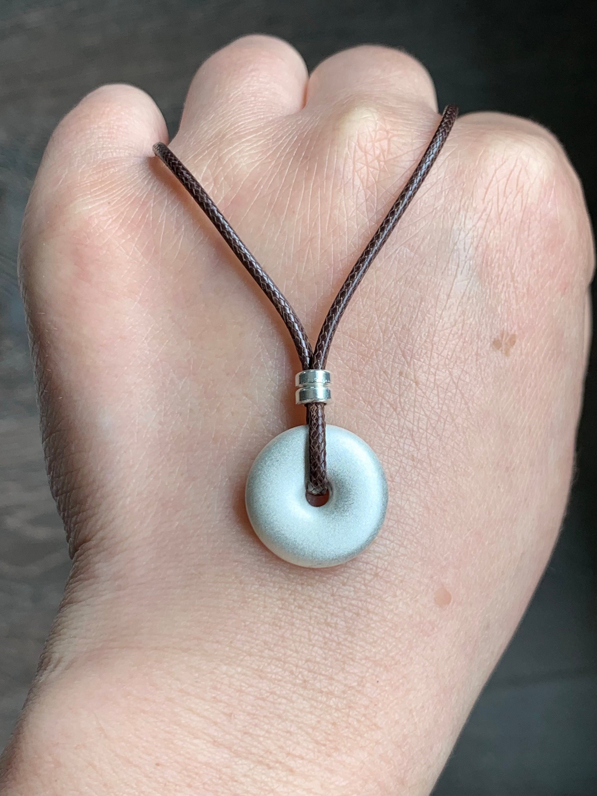 Solid 999 Sterling Silver Small Ping An Kou Donut Blessing Amulet Pendant on Brown Rope Necklace Adjustable 28” 12 grams 999足银平安扣吊坠
