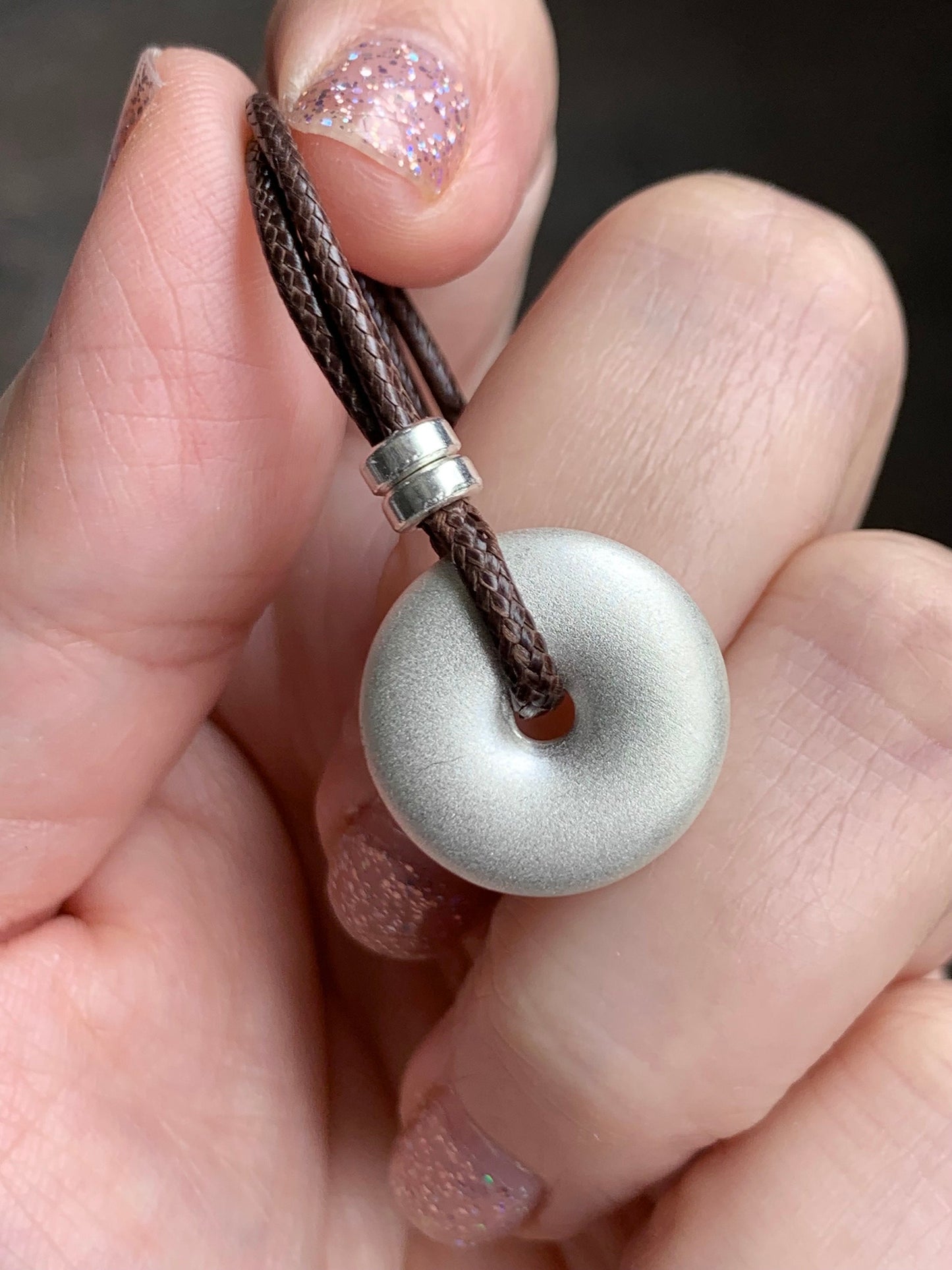 Solid 999 Sterling Silver Small Ping An Kou Donut Blessing Amulet Pendant on Brown Rope Necklace Adjustable 28” 12 grams 999足银平安扣吊坠