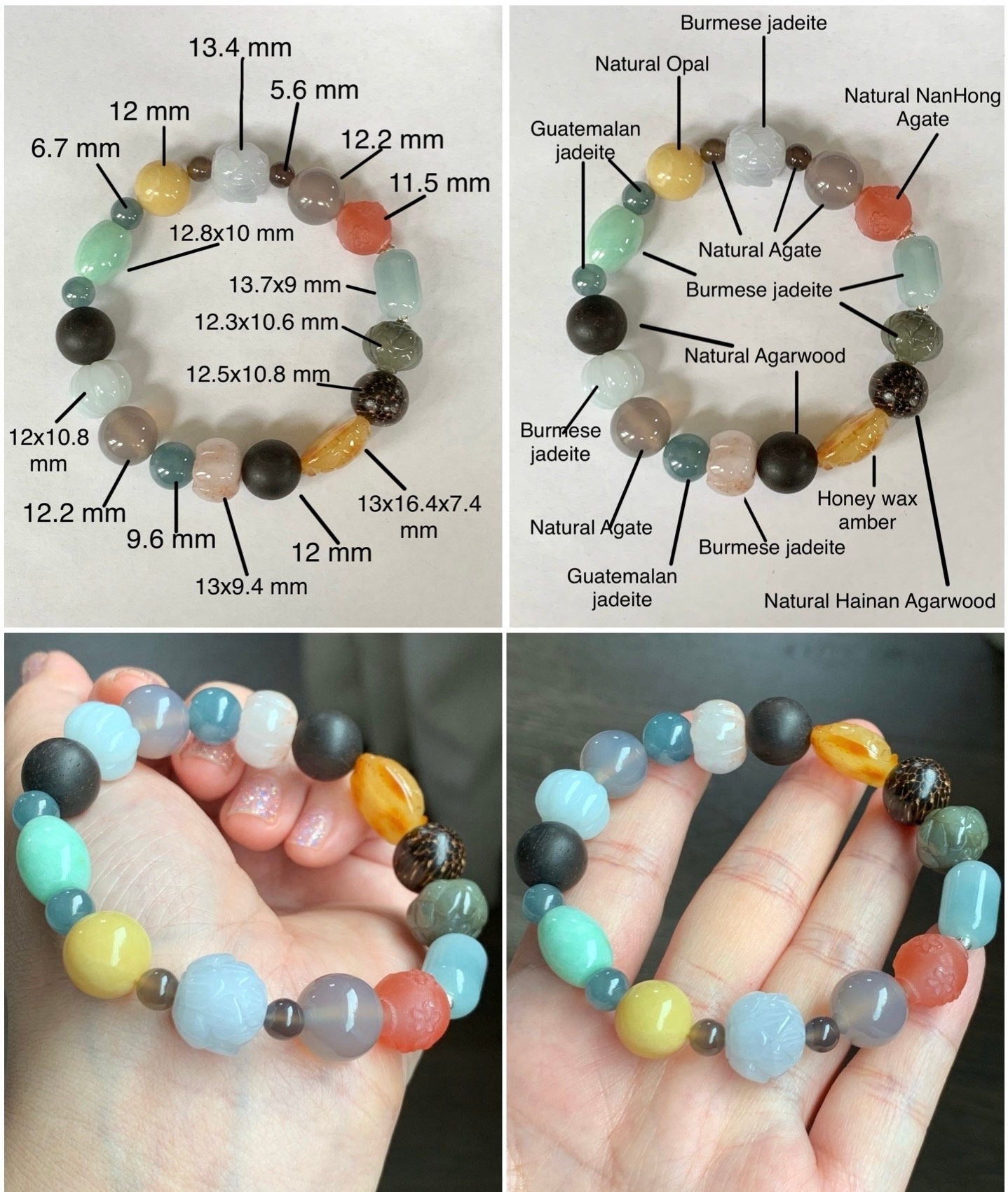 Natural Burmese Guatemalan Grade A Jadeite Agarwood Multi Gemstone Beads Beaded Bracelet Stretchy 7.5” 33g Sterling Silver 天然翡翠彩宝木珠银珠多宝手串