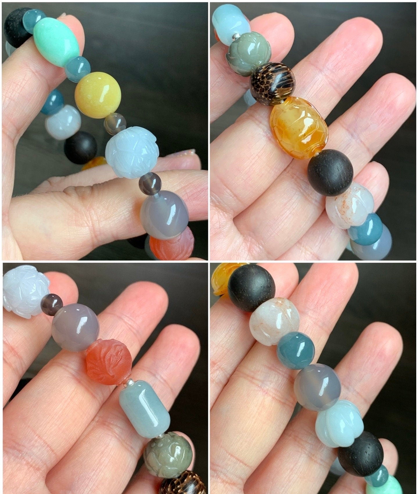 Natural Burmese Guatemalan Grade A Jadeite Agarwood Multi Gemstone Beads Beaded Bracelet Stretchy 7.5” 33g Sterling Silver 天然翡翠彩宝木珠银珠多宝手串