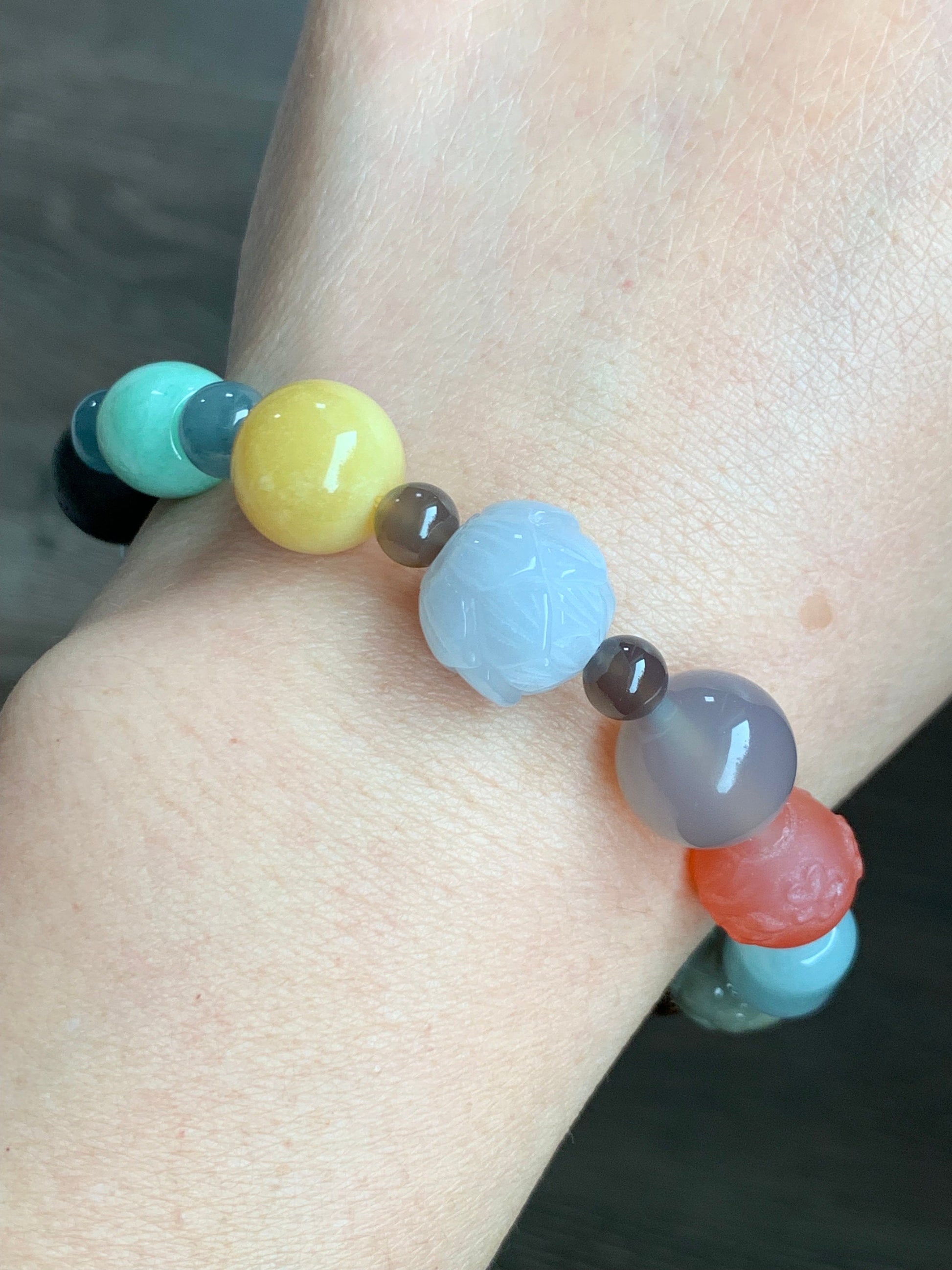 Natural Burmese Guatemalan Grade A Jadeite Agarwood Multi Gemstone Beads Beaded Bracelet Stretchy 7.5” 33g Sterling Silver 天然翡翠彩宝木珠银珠多宝手串