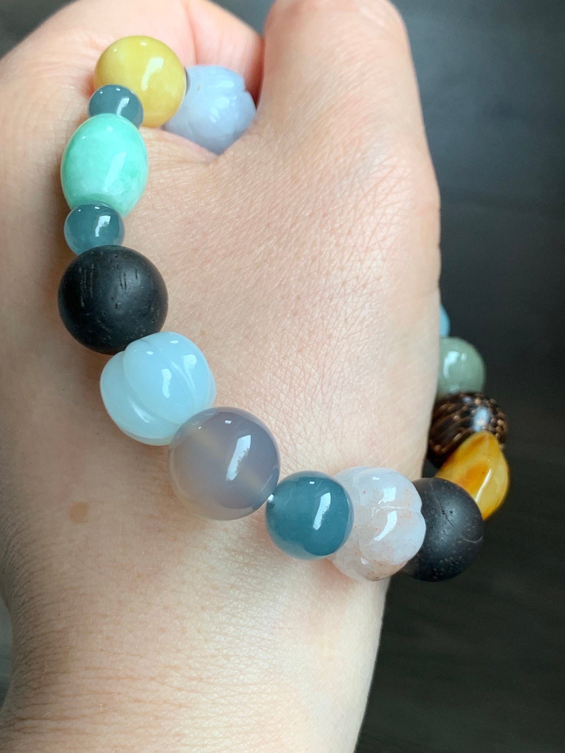 Natural Burmese Guatemalan Grade A Jadeite Agarwood Multi Gemstone Beads Beaded Bracelet Stretchy 7.5” 33g Sterling Silver 天然翡翠彩宝木珠银珠多宝手串