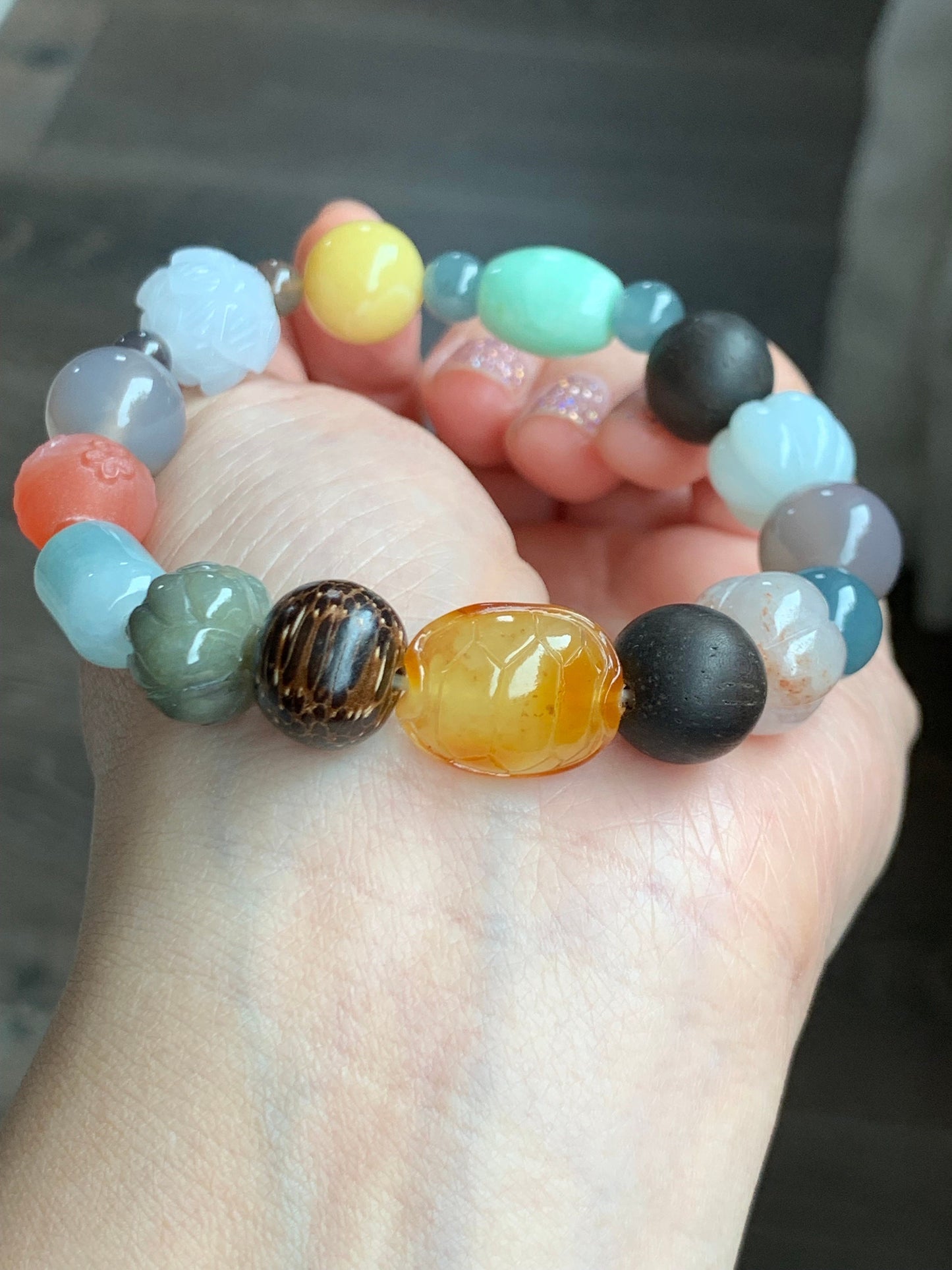 Natural Burmese Guatemalan Grade A Jadeite Agarwood Multi Gemstone Beads Beaded Bracelet Stretchy 7.5” 33g Sterling Silver 天然翡翠彩宝木珠银珠多宝手串