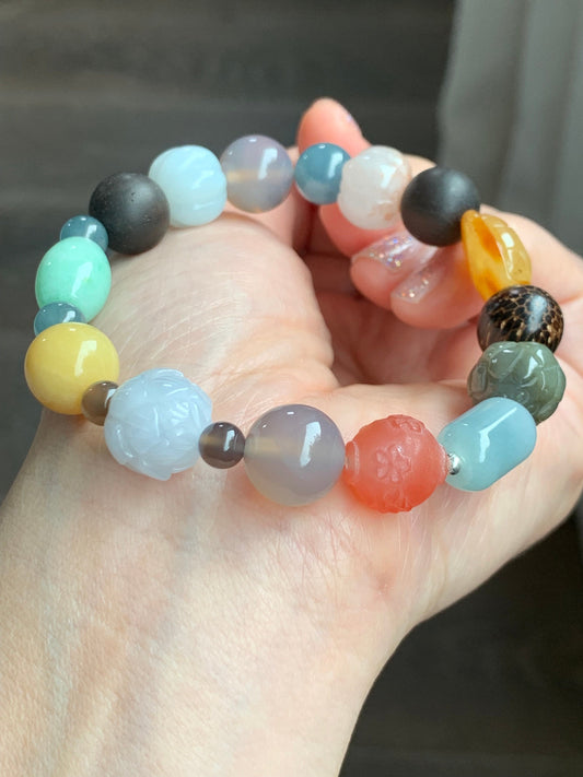 Natural Burmese Guatemalan Grade A Jadeite Agarwood Multi Gemstone Beads Beaded Bracelet Stretchy 7.5” 33g Sterling Silver 天然翡翠彩宝木珠银珠多宝手串