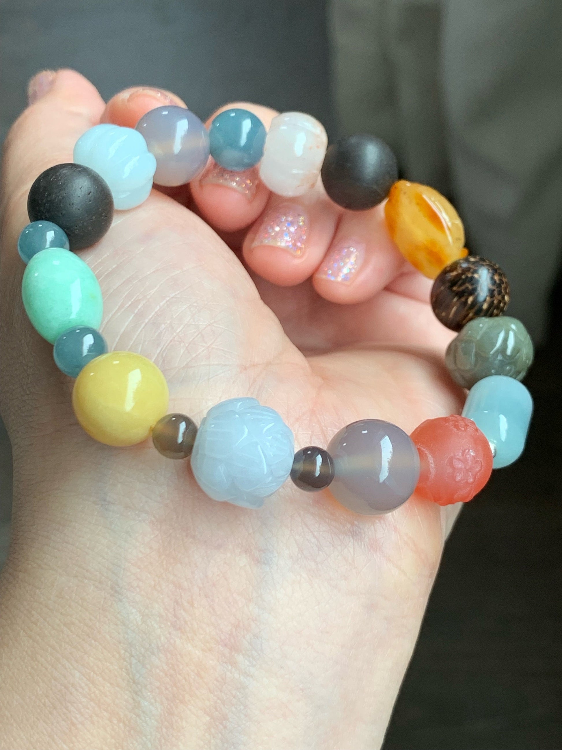 Natural Burmese Guatemalan Grade A Jadeite Agarwood Multi Gemstone Beads Beaded Bracelet Stretchy 7.5” 33g Sterling Silver 天然翡翠彩宝木珠银珠多宝手串