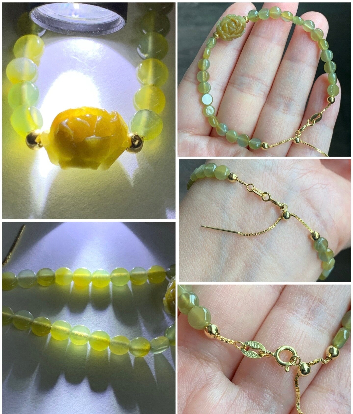 Natural Burmese Guatemalan Icy Translucent Yellow Jadeite Peony Flower Coin Beads Chain Bracelet Sterling Silver 6”-7” 天然缅甸黄翡牡丹花冰危黄圆饼珠银手链