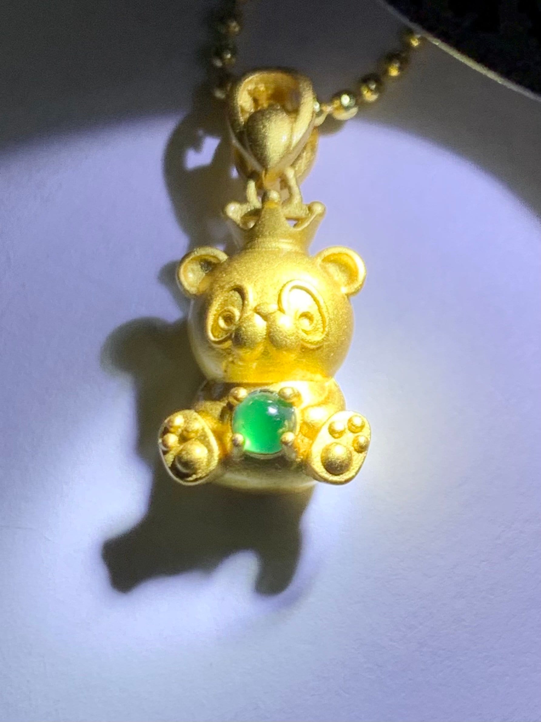 Petite Natural Guatemalan Icy Highly Translucent Green Jadeite Panda Bear Pendant Sterling Silver Yellow Gold Finish 天然高冰危绿翡翠起光小熊猫银镶吊坠