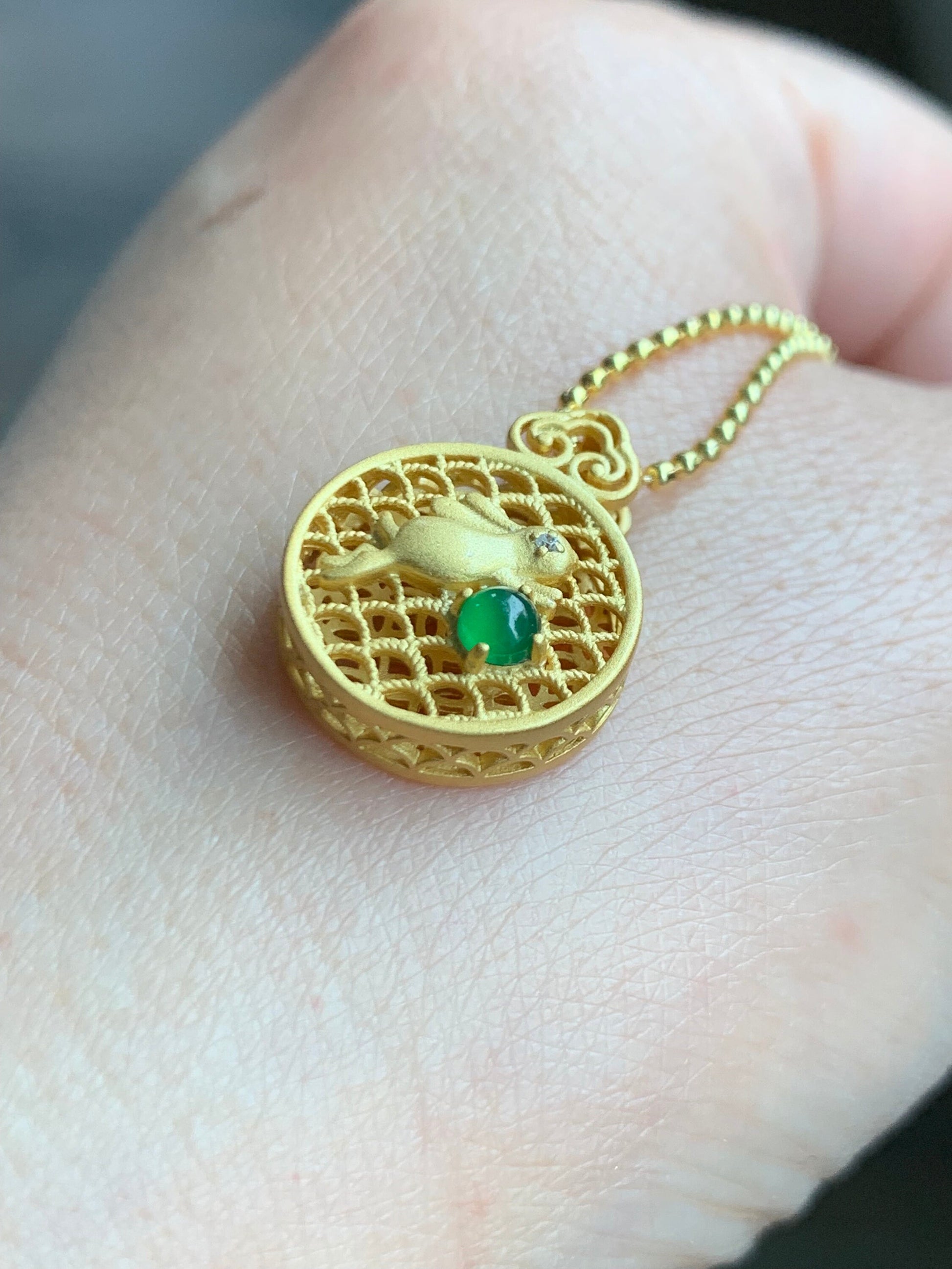 Petite Natural Guatemalan Icy Highly Translucent Green Jadeite Bunny Rabbit Pendant Sterling Silver Yellow Gold Finish 天然高冰危绿翡翠起光小兔银镶吊坠