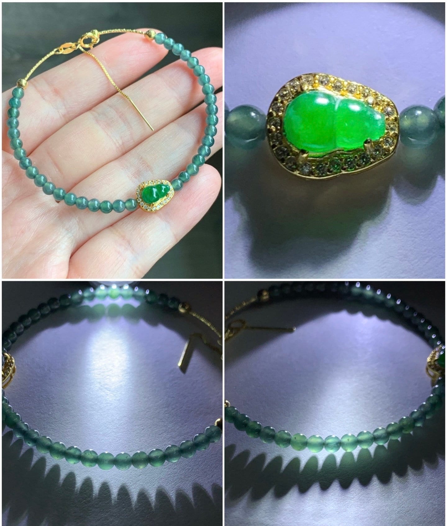 Natural Guatemalan Icy Translucent Vibrant Green Jadeite Gourd Deep Teal Blue Beads Wire Bracelet Sterling Silver 6.5”-7.5” 天然冰危绿翡翠葫芦深蓝珠银手链