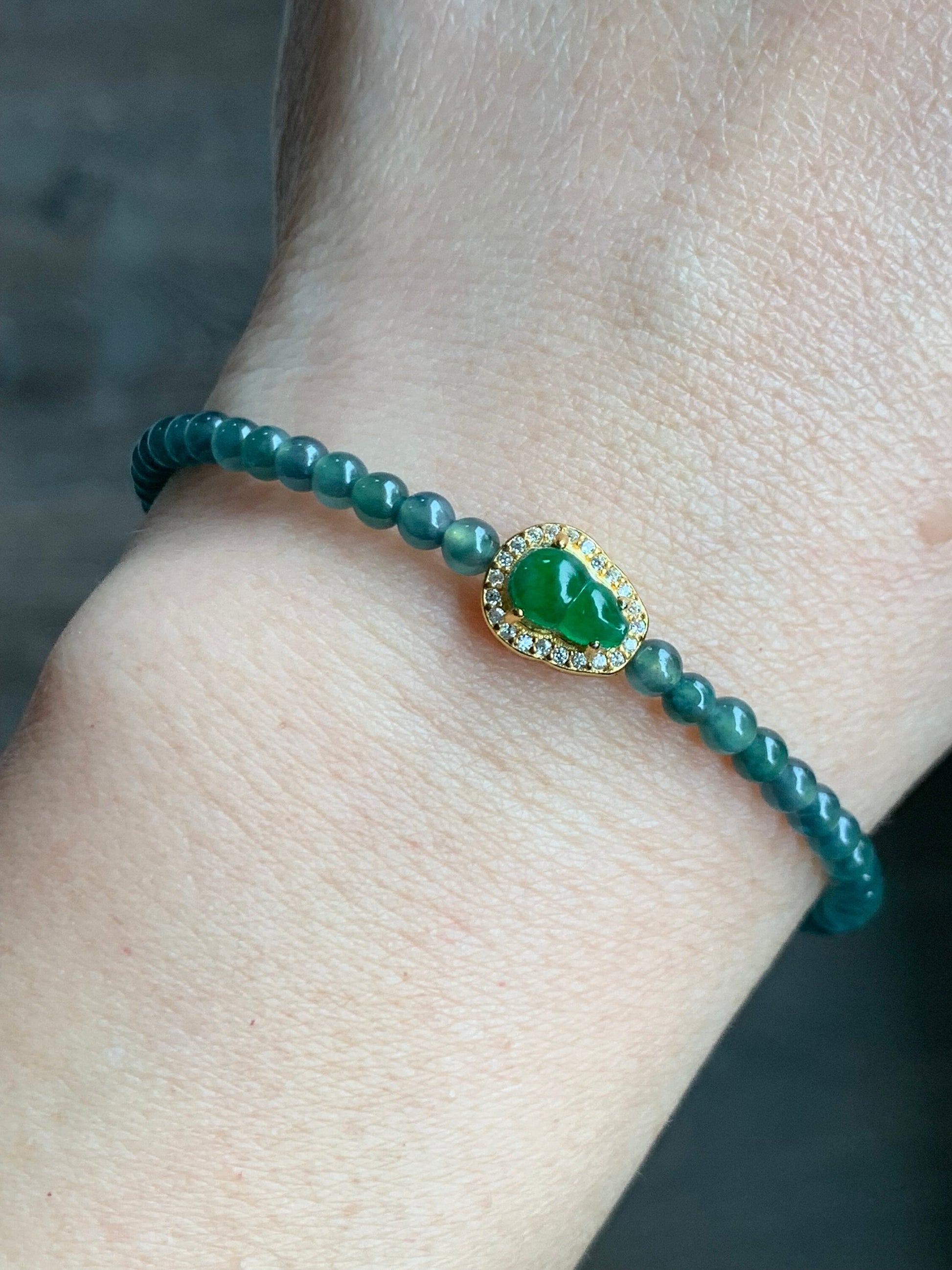 Natural Guatemalan Icy Translucent Vibrant Green Jadeite Gourd Deep Teal Blue Beads Wire Bracelet Sterling Silver 6.5”-7.5” 天然冰危绿翡翠葫芦深蓝珠银手链