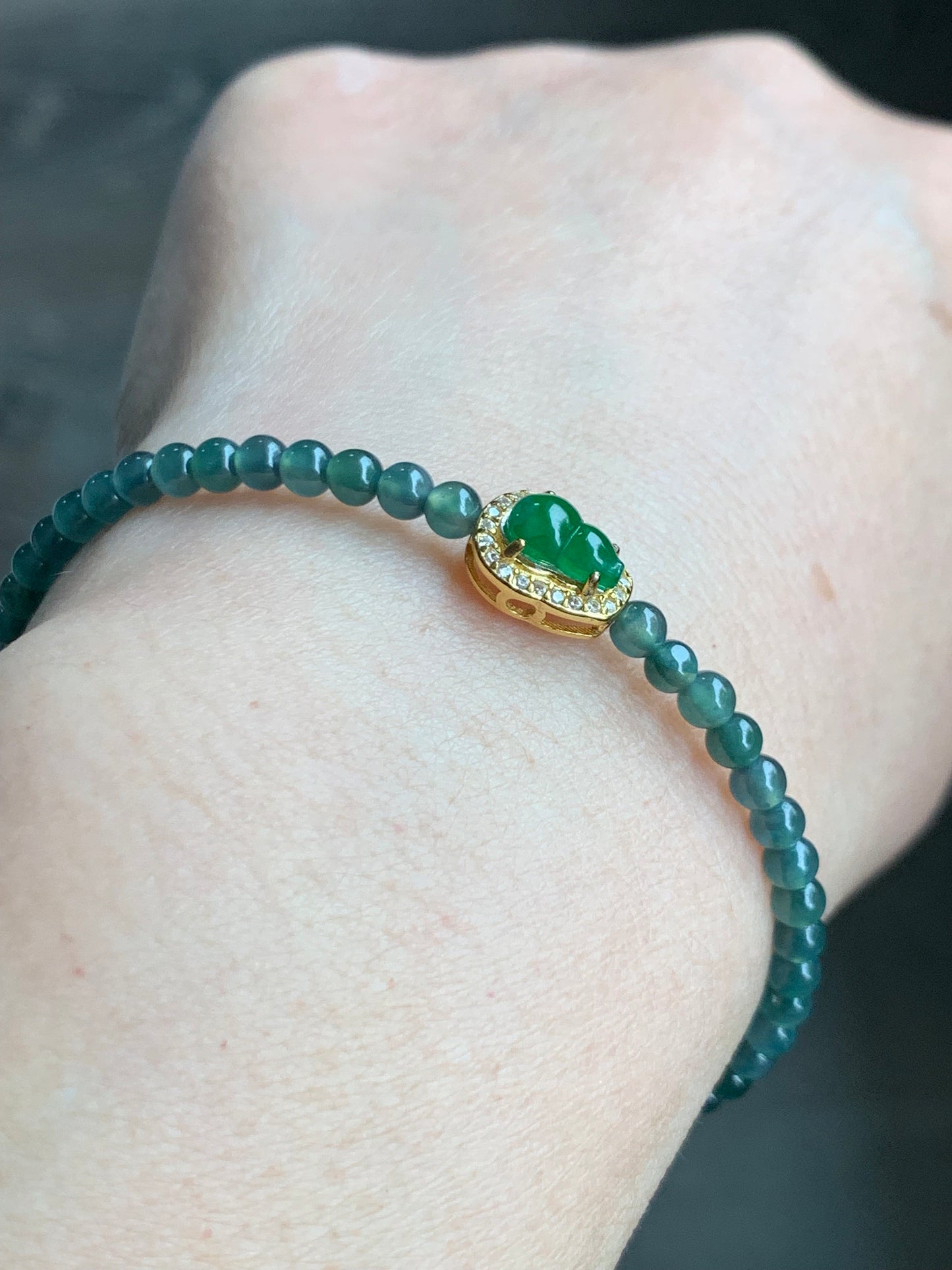Natural Guatemalan Icy Translucent Vibrant Green Jadeite Gourd Deep Teal Blue Beads Wire Bracelet Sterling Silver 6.5”-7.5” 天然冰危绿翡翠葫芦深蓝珠银手链