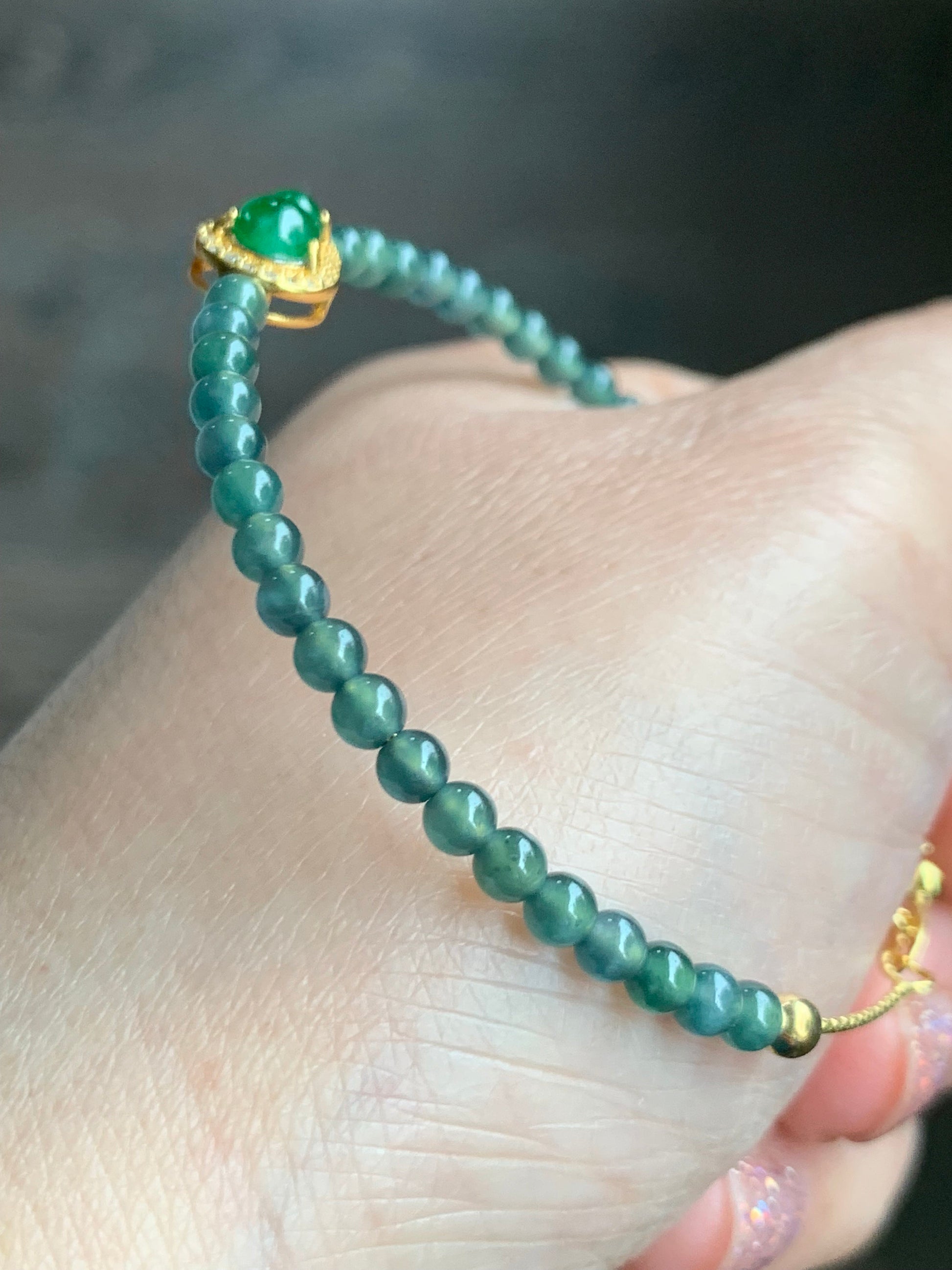 Natural Guatemalan Icy Translucent Vibrant Green Jadeite Gourd Deep Teal Blue Beads Wire Bracelet Sterling Silver 6.5”-7.5” 天然冰危绿翡翠葫芦深蓝珠银手链
