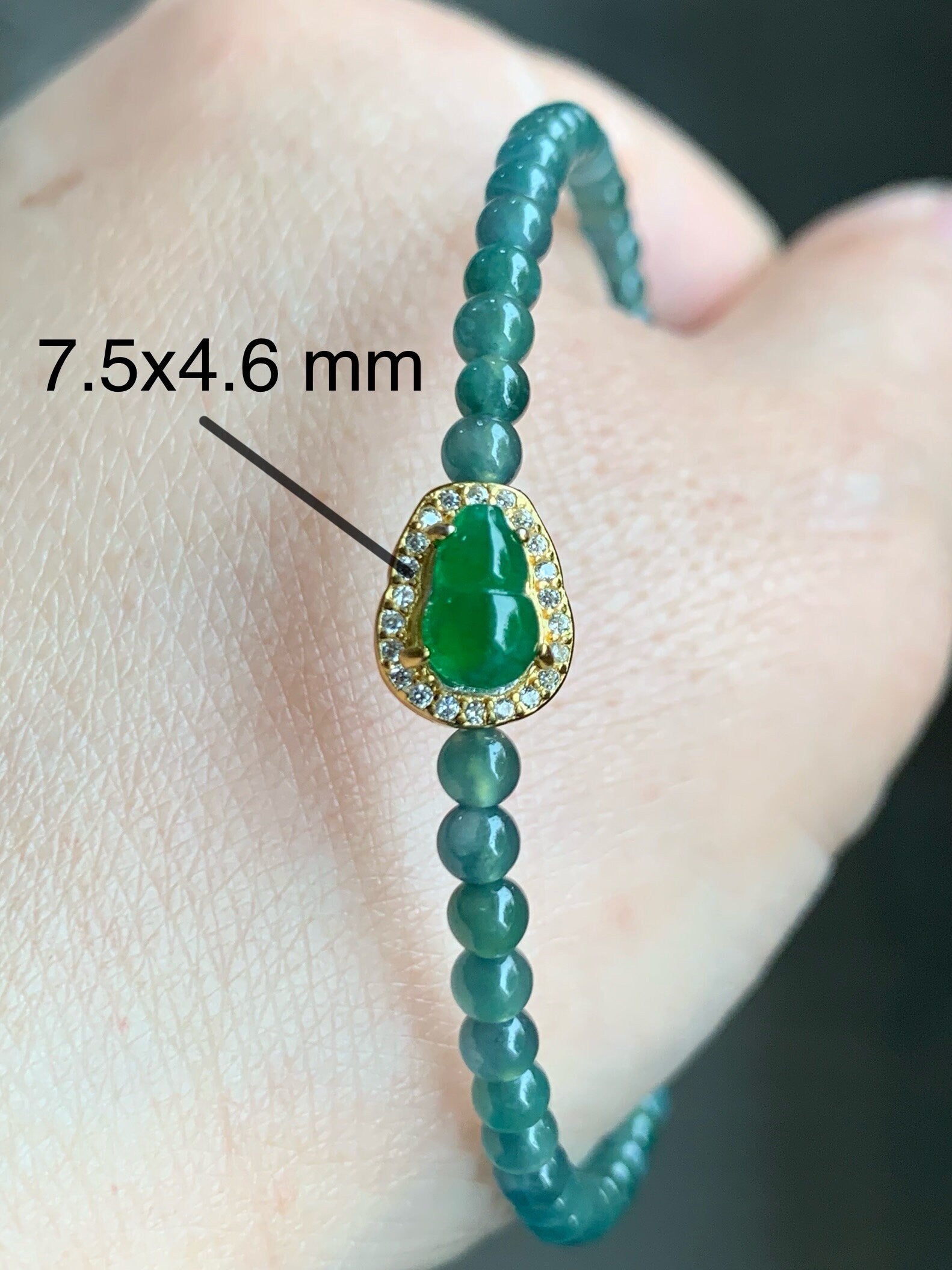 Natural Guatemalan Icy Translucent Vibrant Green Jadeite Gourd Deep Teal Blue Beads Wire Bracelet Sterling Silver 6.5”-7.5” 天然冰危绿翡翠葫芦深蓝珠银手链