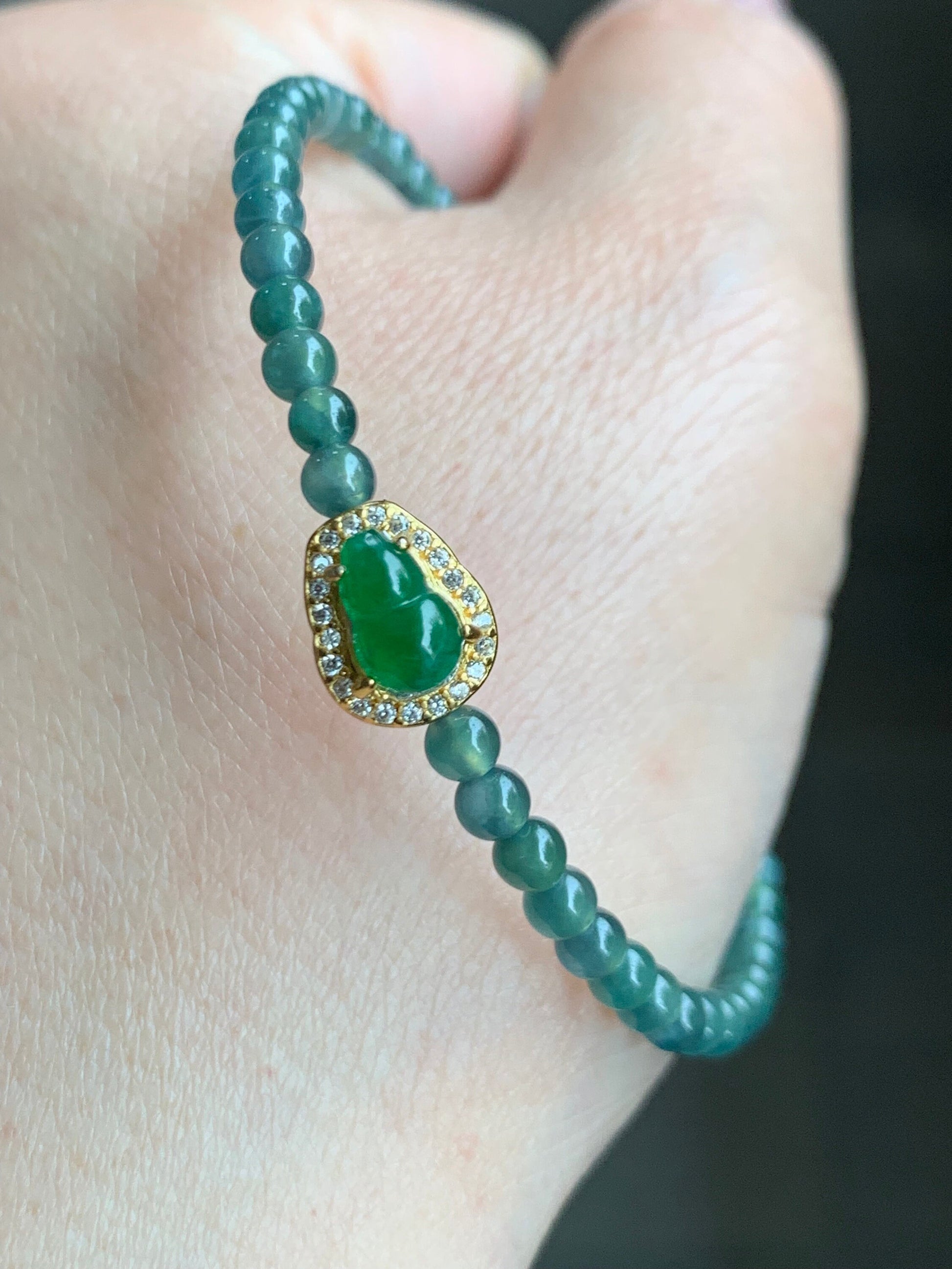 Natural Guatemalan Icy Translucent Vibrant Green Jadeite Gourd Deep Teal Blue Beads Wire Bracelet Sterling Silver 6.5”-7.5” 天然冰危绿翡翠葫芦深蓝珠银手链