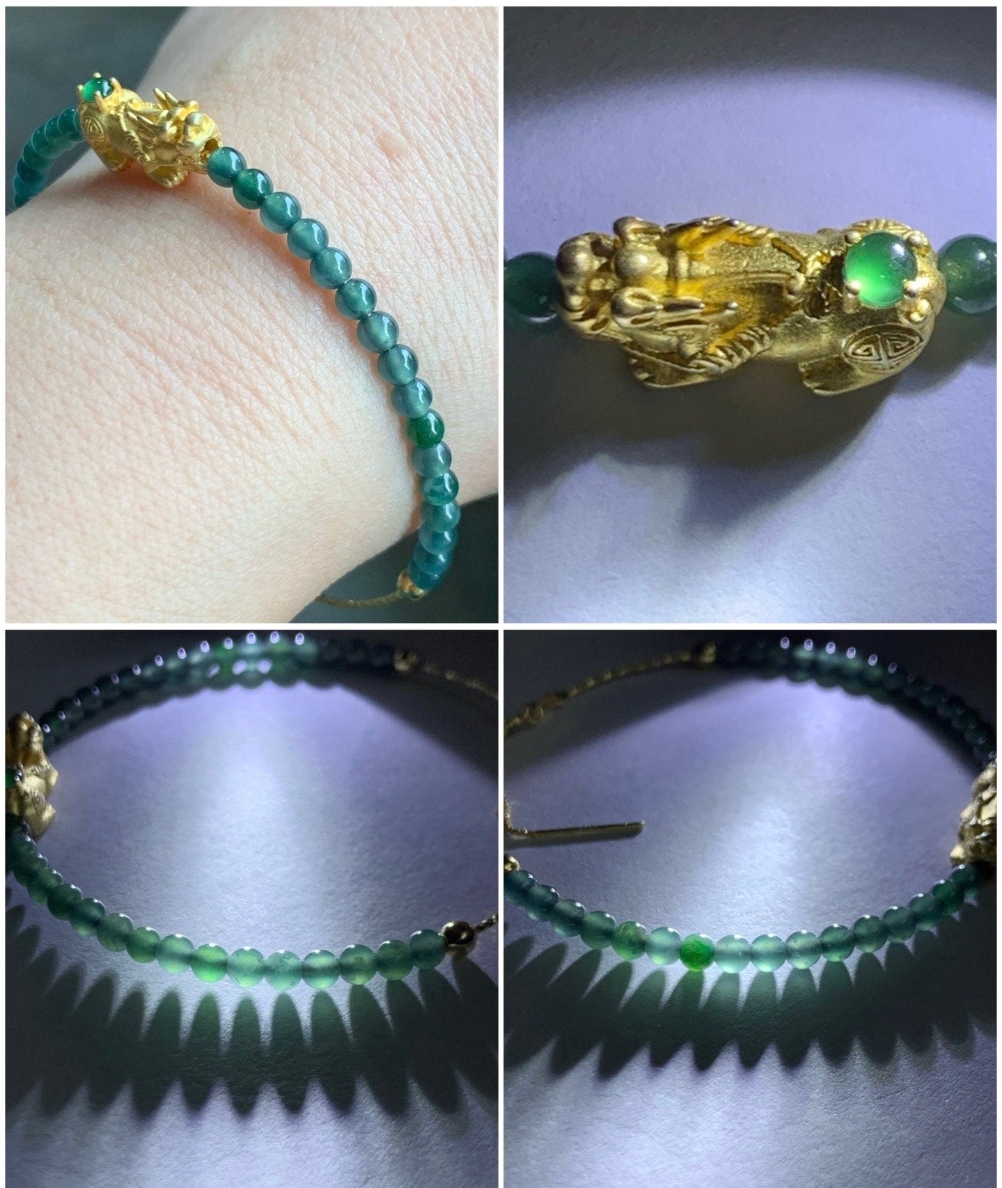 Natural Guatemalan Icy Translucent Vibrant Green Jadeite Pixiu Deep Teal Blue Beads Wire Bracelet Sterling Silver 6.5”-7.5” 天然冰危绿翡翠貔貅深蓝珠银手链