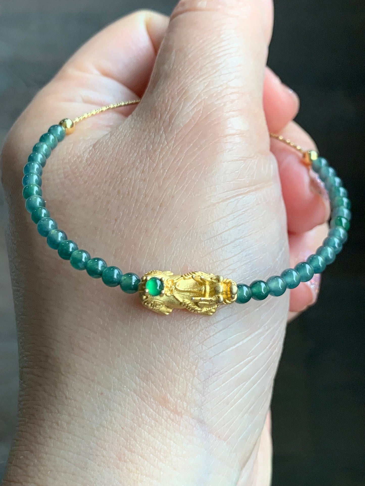 Natural Guatemalan Icy Translucent Vibrant Green Jadeite Pixiu Deep Teal Blue Beads Wire Bracelet Sterling Silver 6.5”-7.5” 天然冰危绿翡翠貔貅深蓝珠银手链