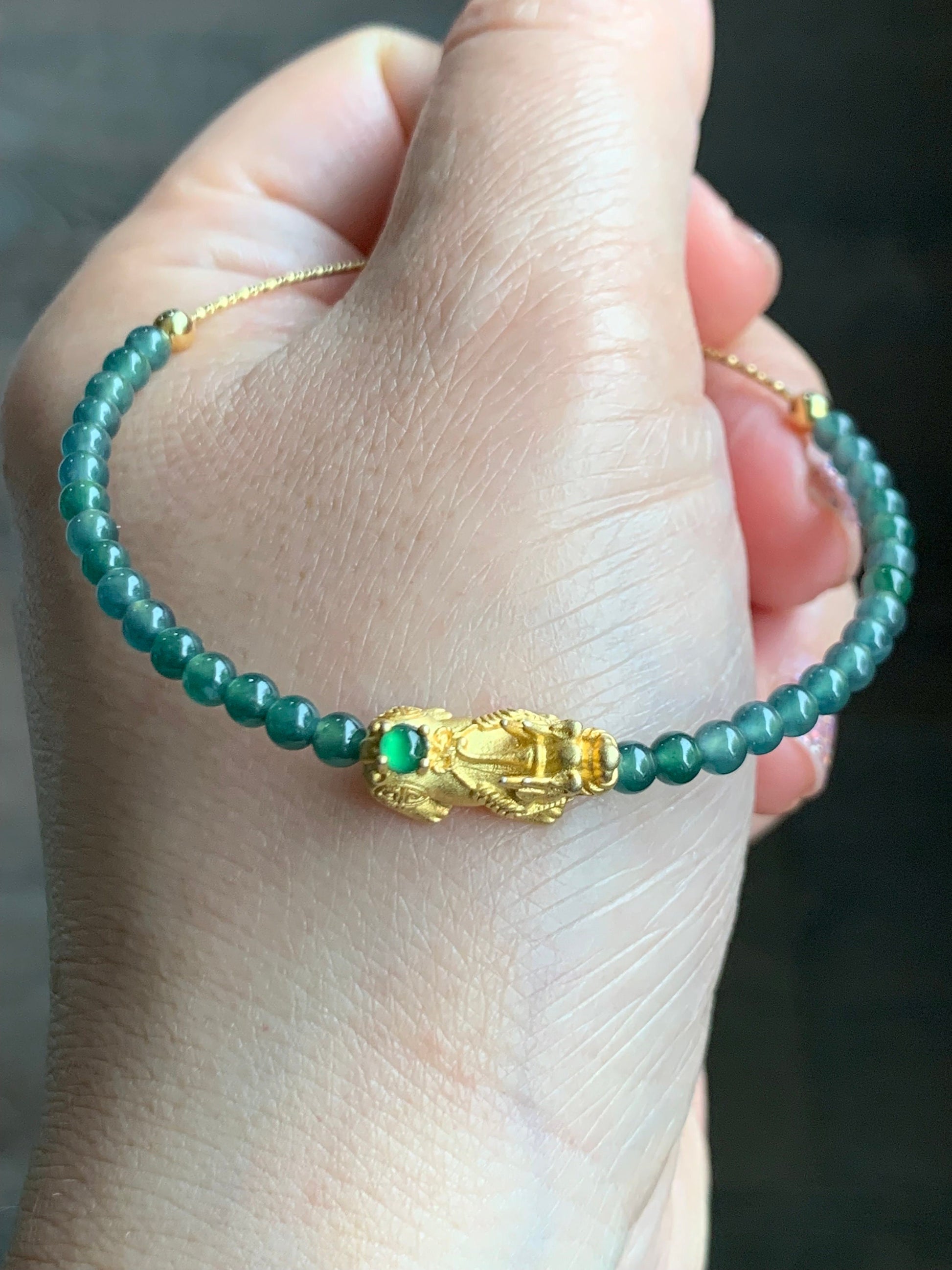 Natural Guatemalan Icy Translucent Vibrant Green Jadeite Pixiu Deep Teal Blue Beads Wire Bracelet Sterling Silver 6.5”-7.5” 天然冰危绿翡翠貔貅深蓝珠银手链