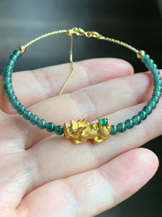 Natural Guatemalan Icy Translucent Vibrant Green Jadeite Pixiu Deep Teal Blue Beads Wire Bracelet Sterling Silver 6.5”-7.5” 天然冰危绿翡翠貔貅深蓝珠银手链