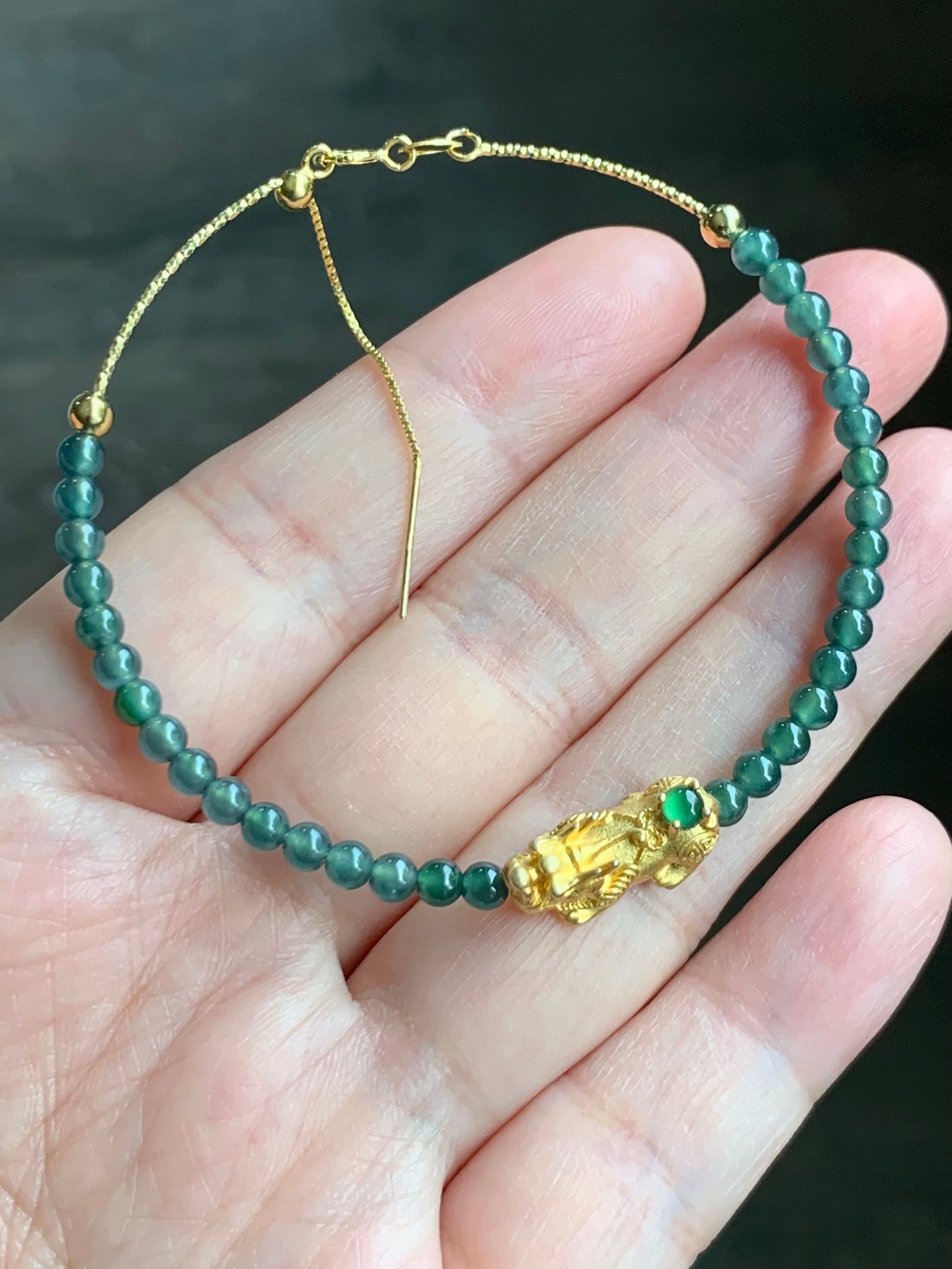 Natural Guatemalan Icy Translucent Vibrant Green Jadeite Pixiu Deep Teal Blue Beads Wire Bracelet Sterling Silver 6.5”-7.5” 天然冰危绿翡翠貔貅深蓝珠银手链