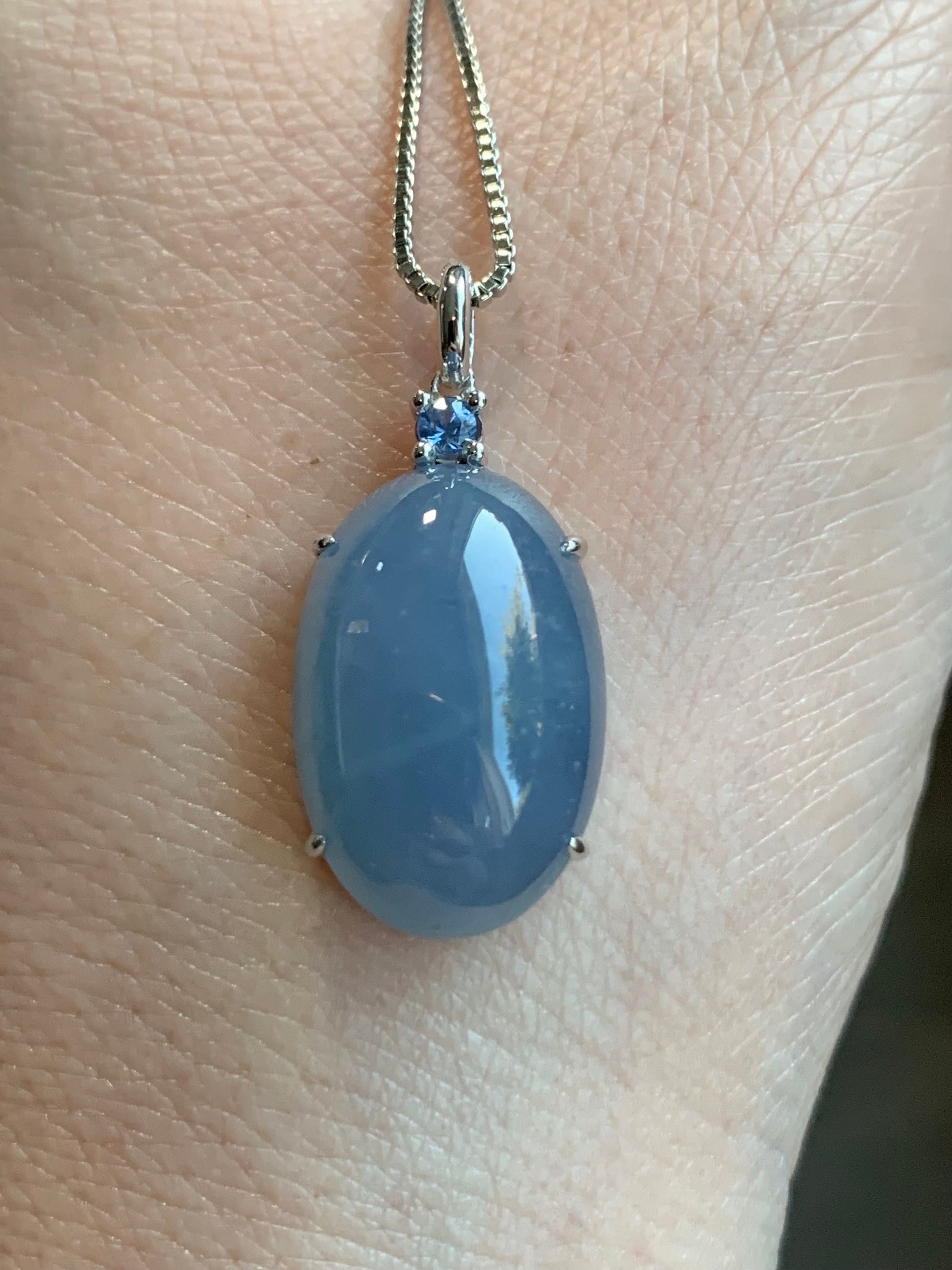 Certified Natural Guatemalan Icy Translucent Rich Purplish Blue Jadeite Large Pendant 18K White Gold & Blue Sapphire 天然冰危蓝紫翡翠蛋面蓝宝石镶嵌吊坠 7053
