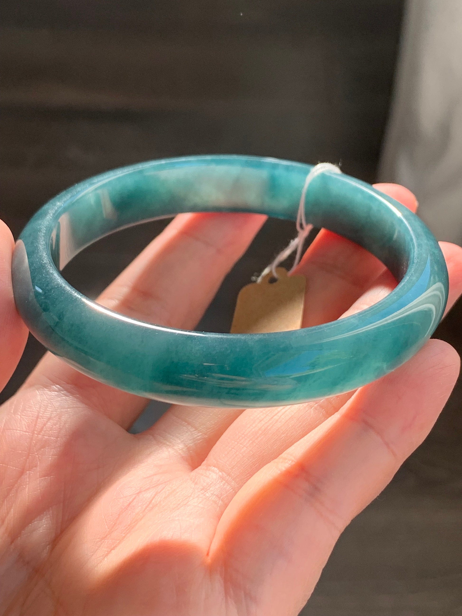 Certified Natural Guatemalan Icy Translucent Blue Jeans Jadeite Wide Bangle Bracelet 58.8mm 11.7x6.8mm 44.43g 天然冰危牛仔蓝翡翠正圈轮胎手镯 7109