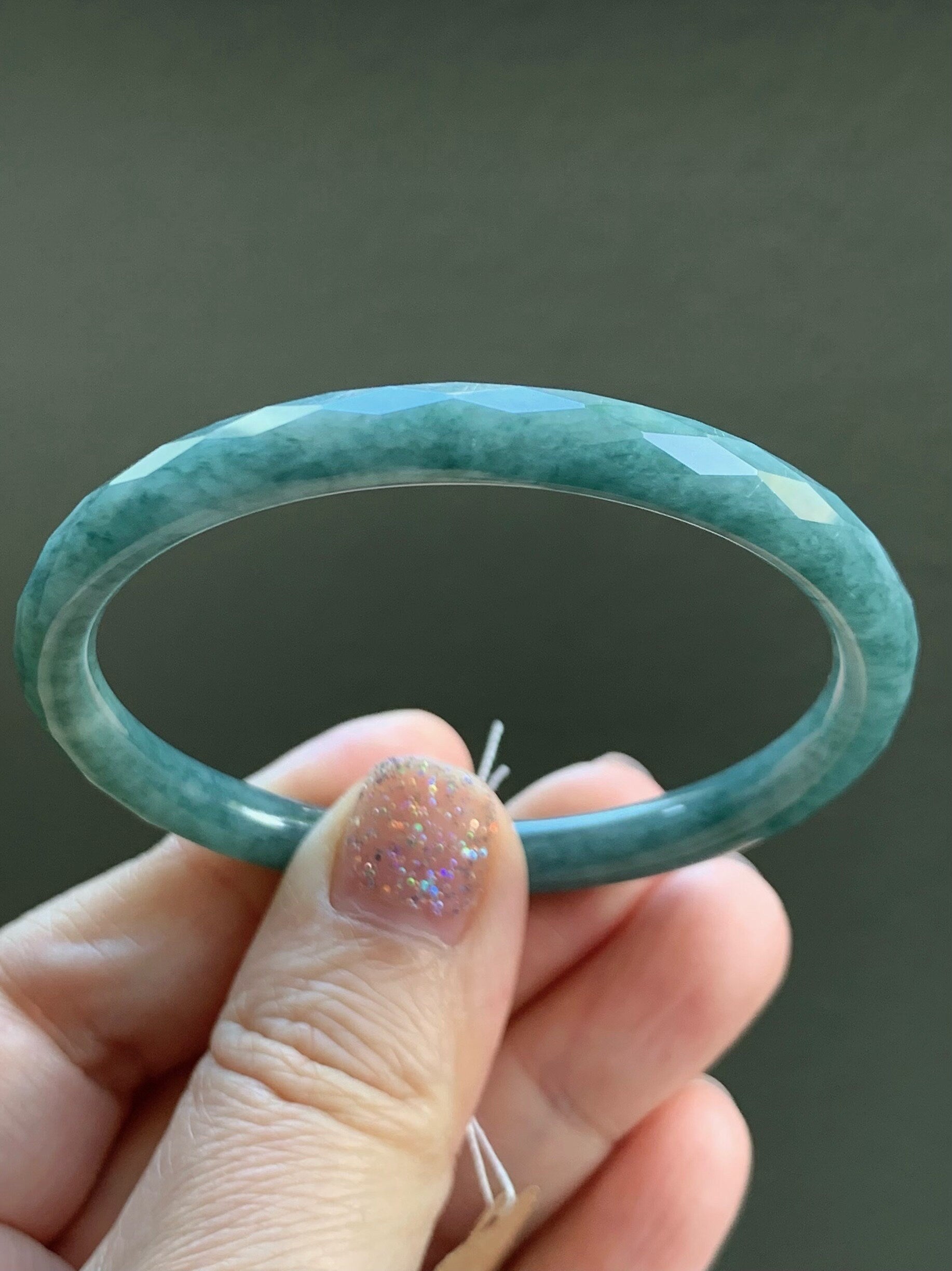 Certified Natural Guatemalan Icy Translucent Dusty Teal Blue Jadeite Diamond Faceted Bangle Bracelet 51.9mm 16.19 grams 天然冰危蓝翡翠细圆条切割面手镯 7103