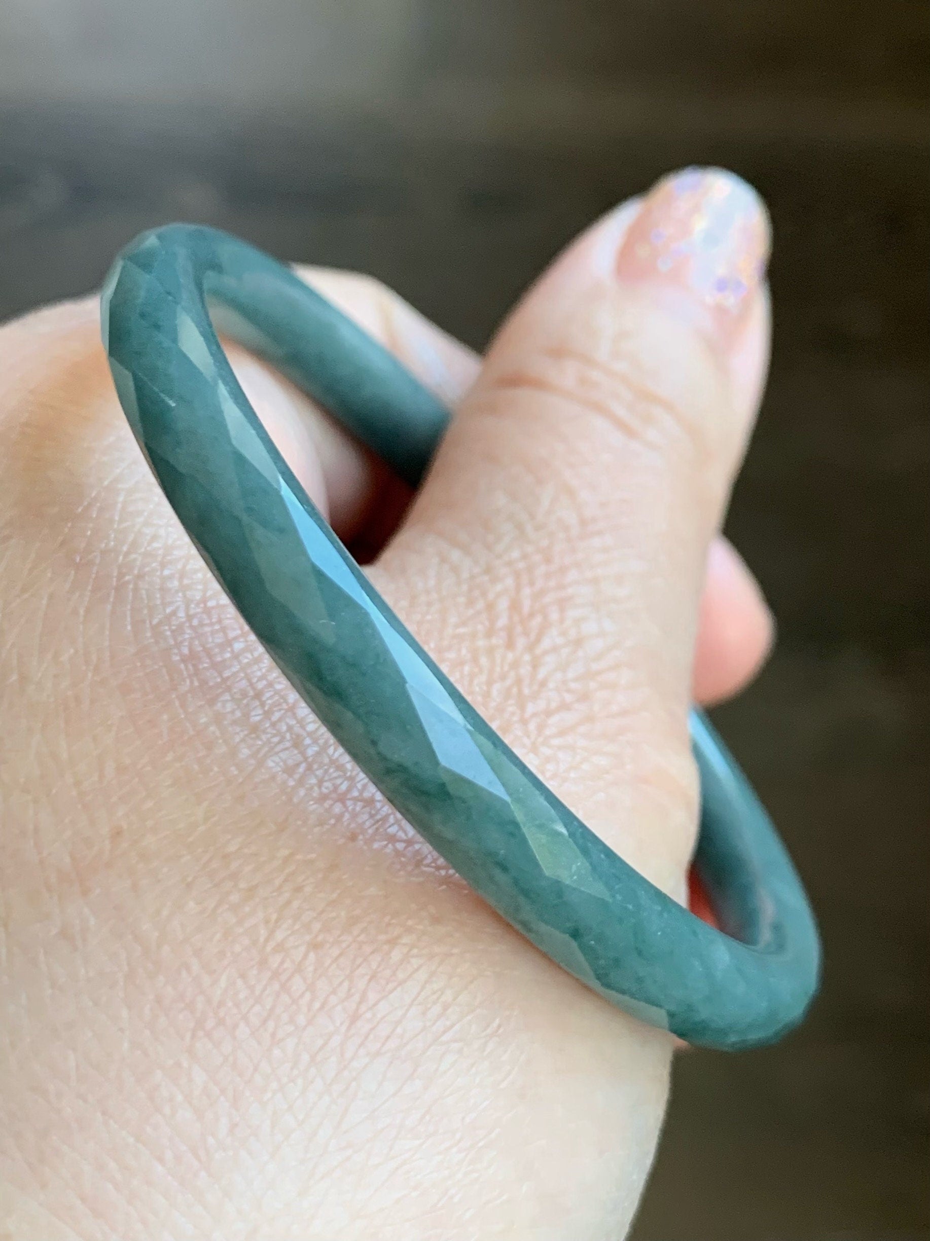 Certified Natural Guatemalan Icy Translucent Dusty Teal Blue Jadeite Diamond Faceted Bangle Bracelet 51.8mm 16.84 grams 天然冰危蓝翡翠细圆条切割面手镯 7102