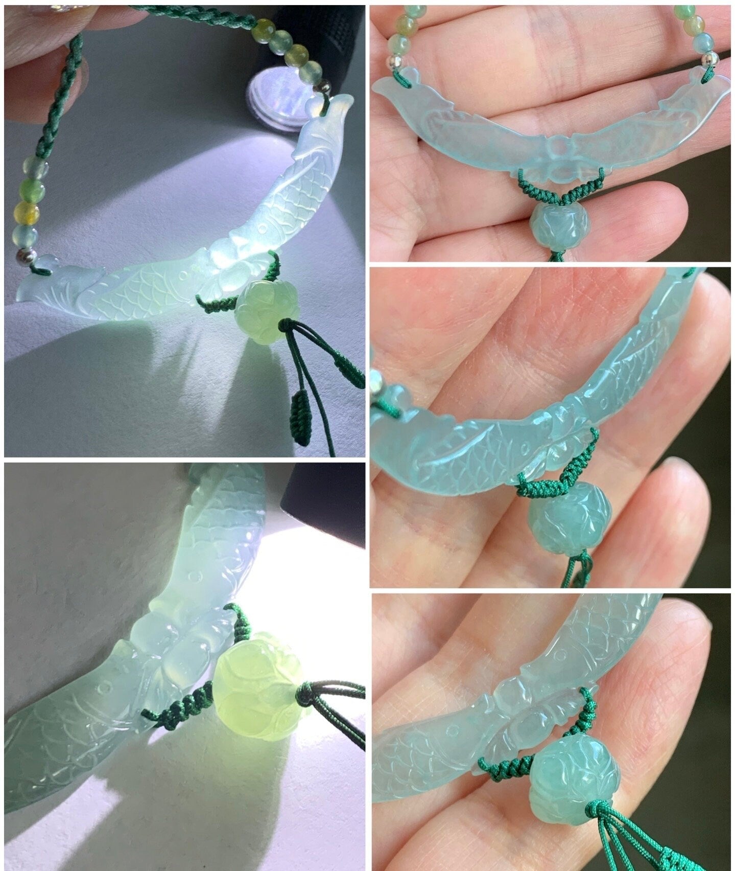 Natural Burmese Icy Translucent Gelatinous Light Green Jadeite Double Fish Lotus Flower Pendant Rope Necklace S925 Silver 天然缅甸高冰胶晴底翡翠双鱼玉横锁骨链