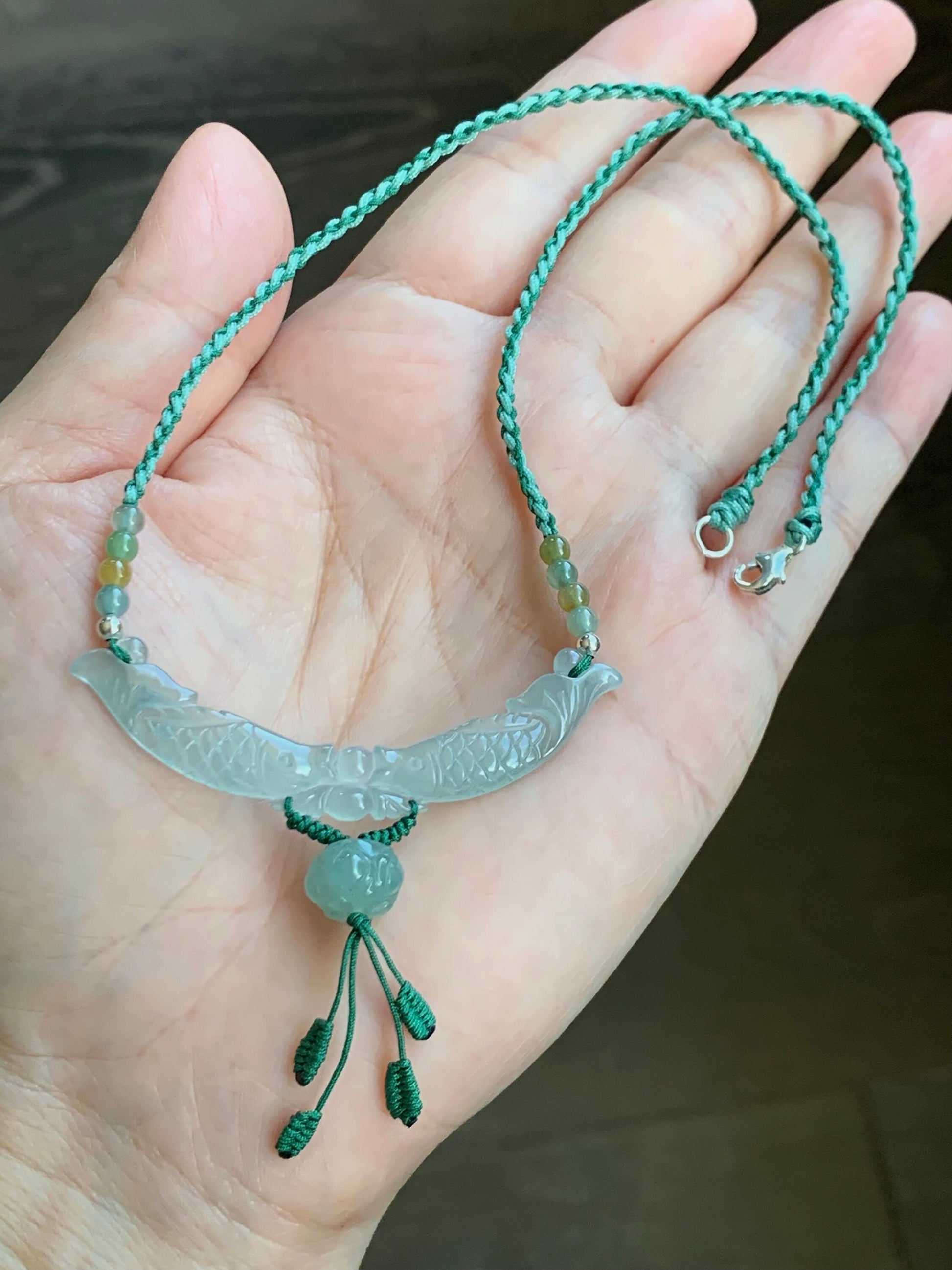 Natural Burmese Icy Translucent Gelatinous Light Green Jadeite Double Fish Lotus Flower Pendant Rope Necklace S925 Silver 天然缅甸高冰胶晴底翡翠双鱼玉横锁骨链