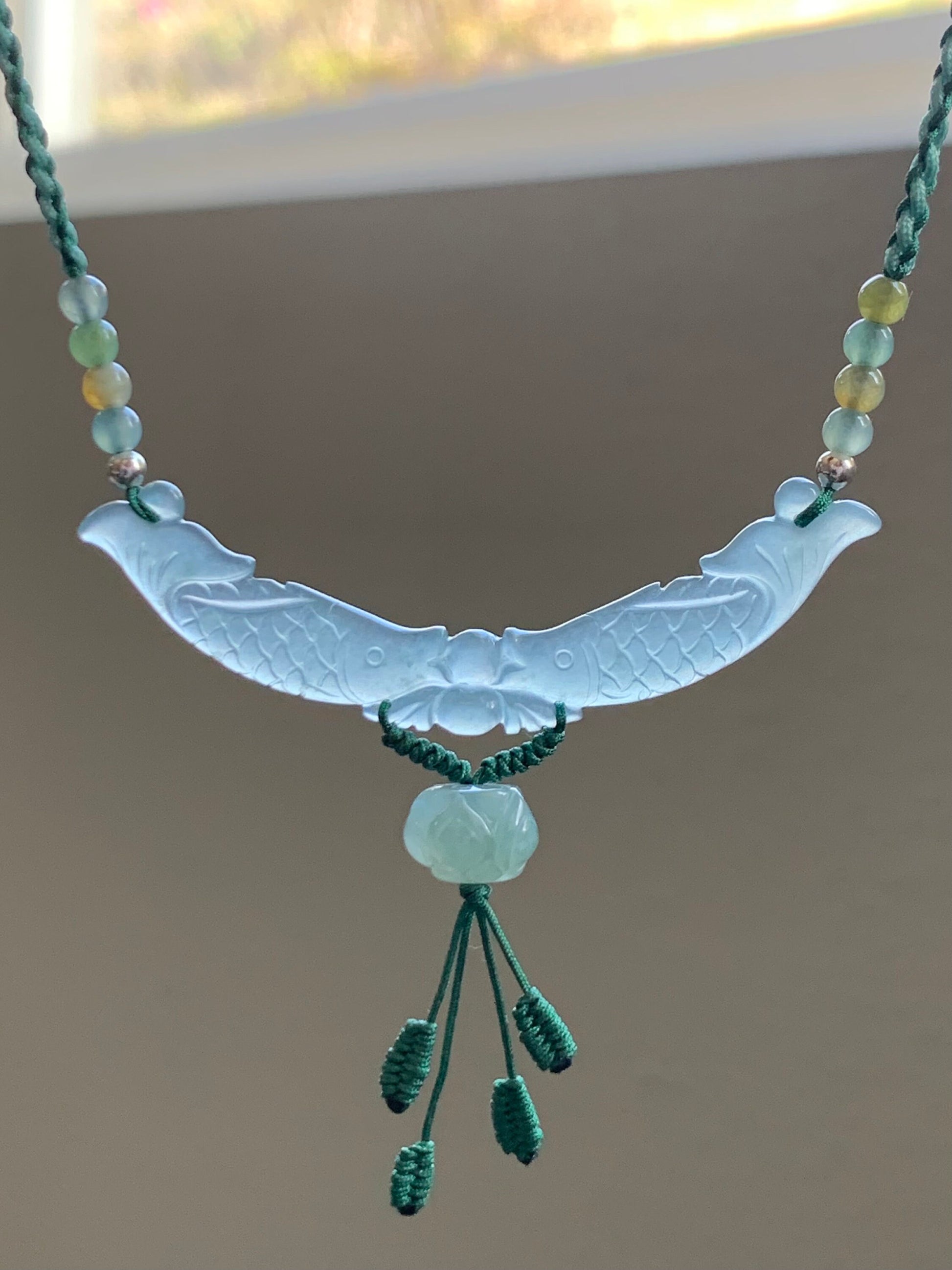 Natural Burmese Icy Translucent Gelatinous Light Green Jadeite Double Fish Lotus Flower Pendant Rope Necklace S925 Silver 天然缅甸高冰胶晴底翡翠双鱼玉横锁骨链