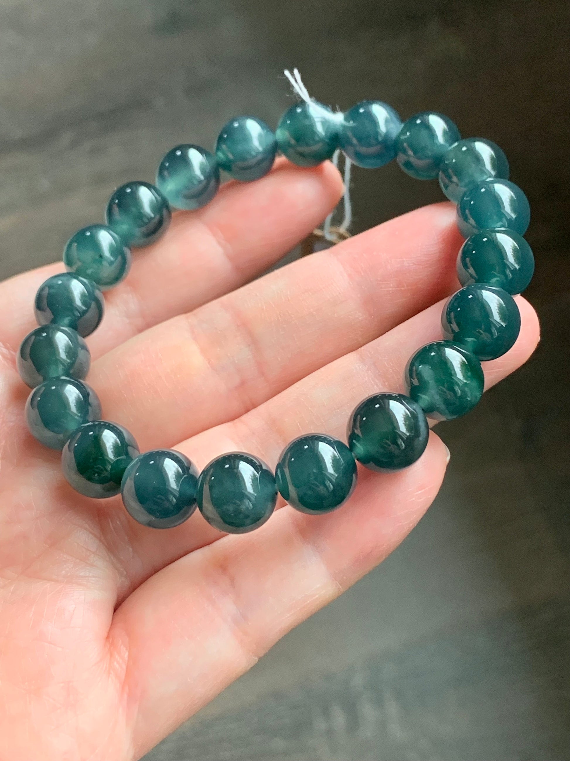 Certified Natural Guatemalan Icy Highly Translucent Dark Indigo Blue Jadeite Beaded Bracelet 10mm 7.5” 35.6g 天然老种冰危深蓝翡翠圆珠手串 7086