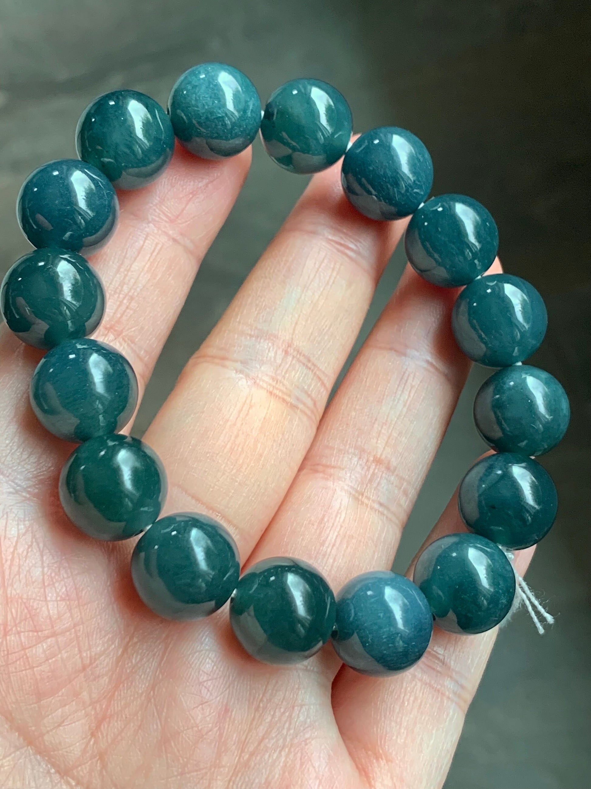 Certified Natural Guatemalan Icy Translucent Deep Blue Jadeite Large Beads Beaded Bracelet 12.3mm 7.25” 52g 天然老种冰危深蓝翡翠大卡圆珠手串 7087