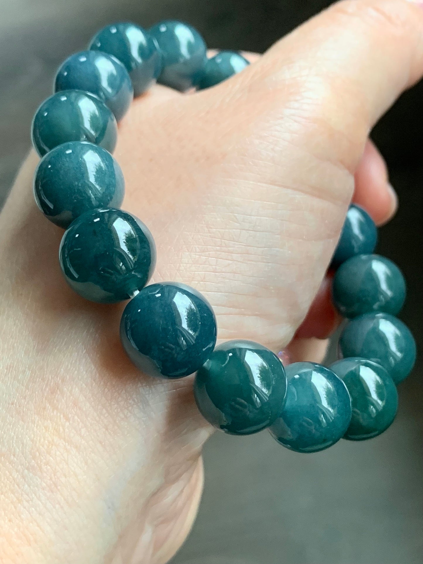Certified Natural Guatemalan Icy Translucent Deep Blue Jadeite Large Beads Beaded Bracelet 12.3mm 7.25” 52g 天然老种冰危深蓝翡翠大卡圆珠手串 7087
