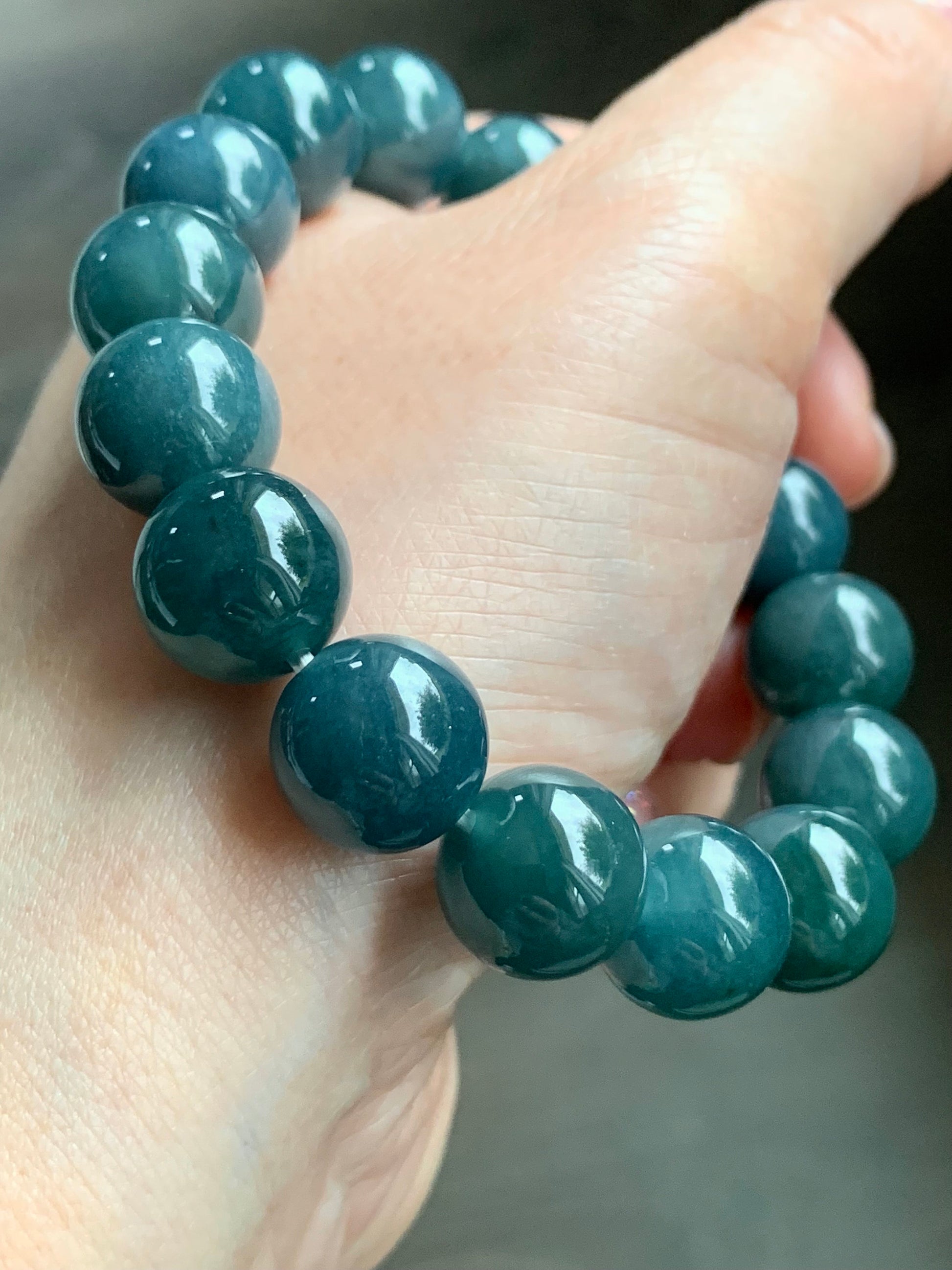 Certified Natural Guatemalan Icy Translucent Deep Blue Jadeite Large Beads Beaded Bracelet 12.3mm 7.25” 52g 天然老种冰危深蓝翡翠大卡圆珠手串 7087