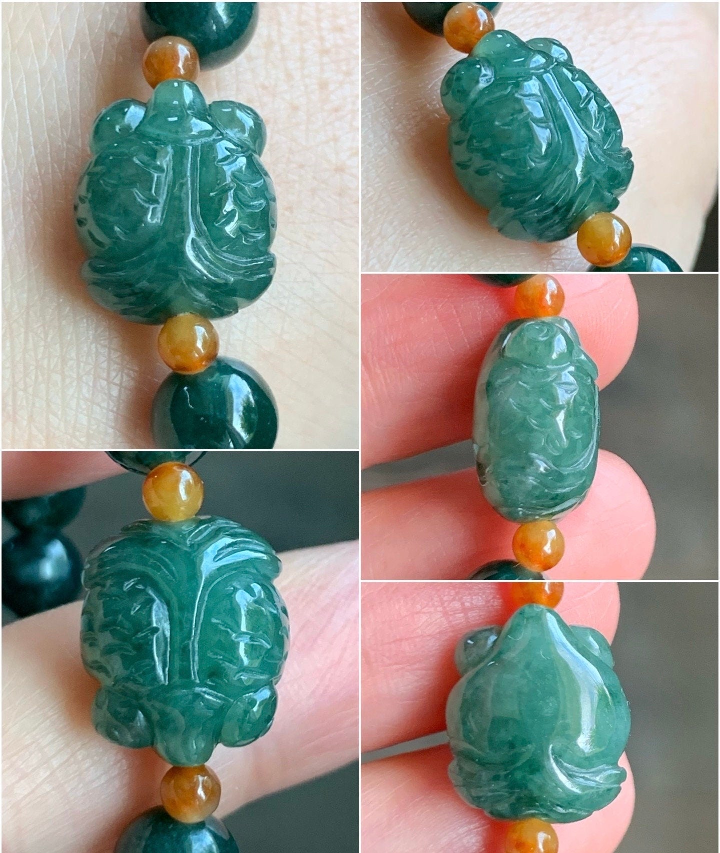 Natural Guatemalan Translucent Dark Teal Green jadeite Burmese Icy Green Marbled Jadeite Goldfish Beaded Bracelet 6.75” 天然缅甸冰飘花翡翠金鱼冰危深绿圆珠手串