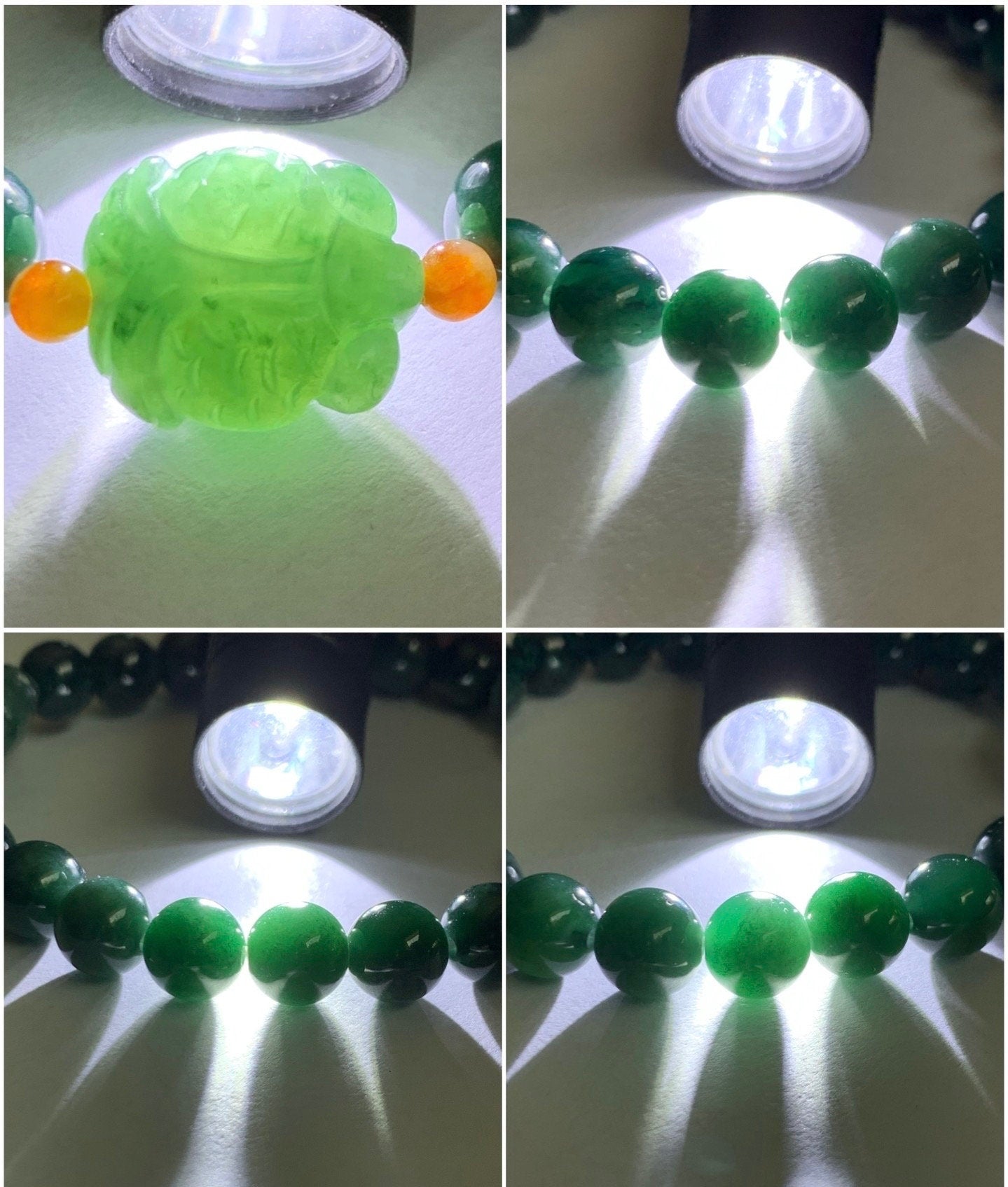 Natural Guatemalan Translucent Dark Teal Green jadeite Burmese Icy Green Marbled Jadeite Goldfish Beaded Bracelet 6.75” 天然缅甸冰飘花翡翠金鱼冰危深绿圆珠手串