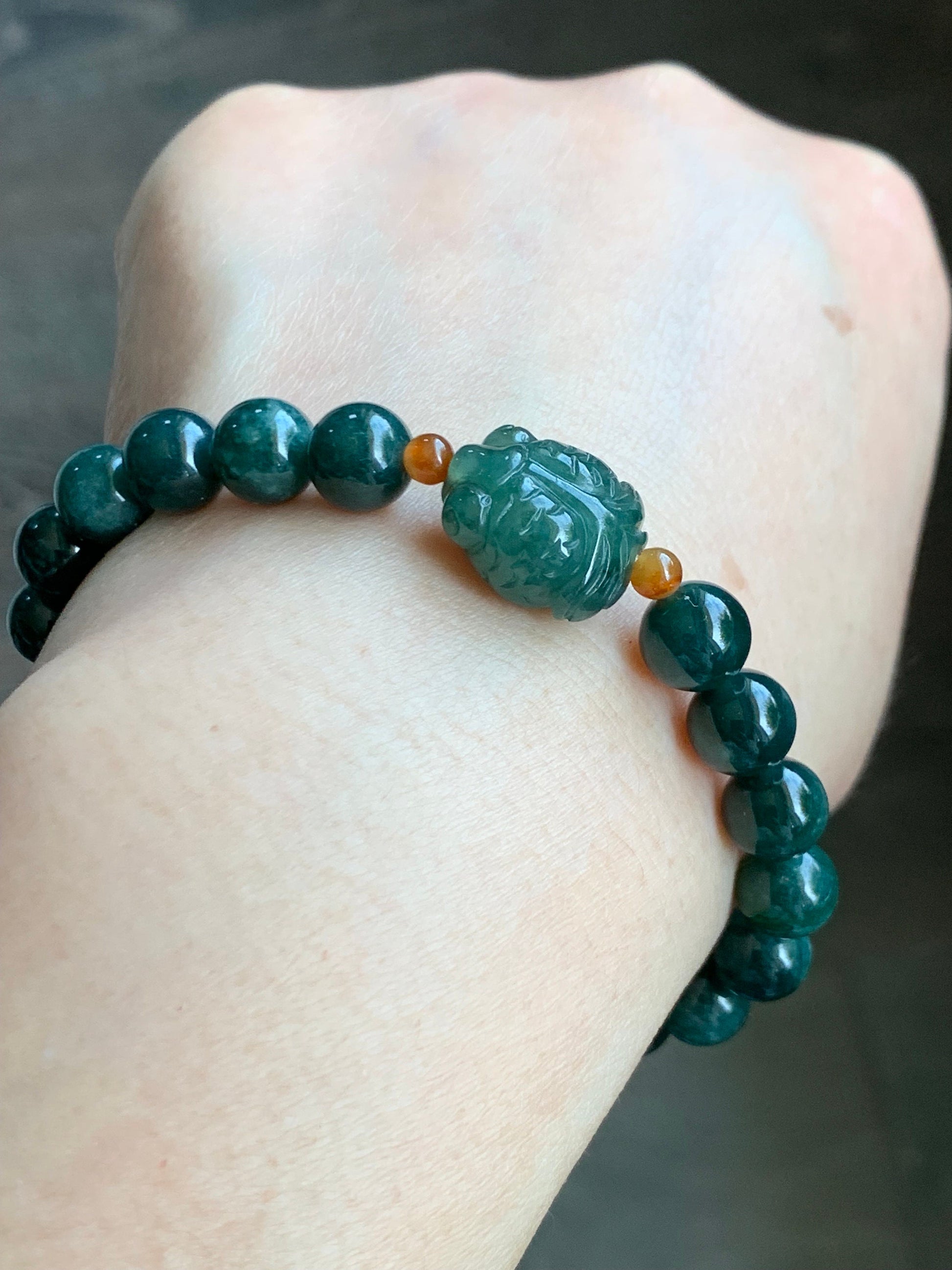 Natural Guatemalan Translucent Dark Teal Green jadeite Burmese Icy Green Marbled Jadeite Goldfish Beaded Bracelet 6.75” 天然缅甸冰飘花翡翠金鱼冰危深绿圆珠手串