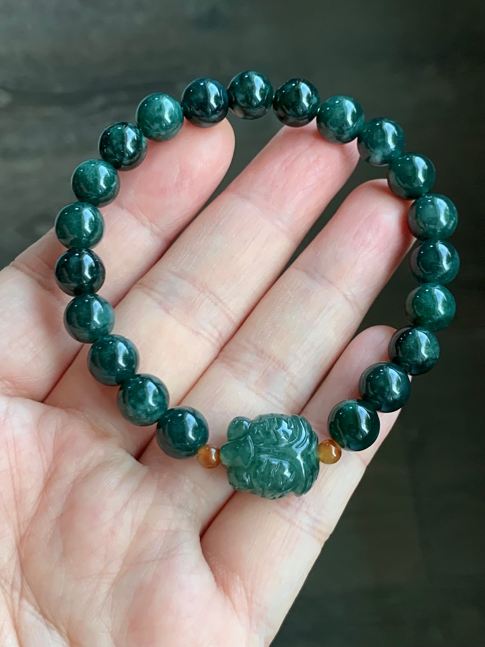 Natural Guatemalan Translucent Dark Teal Green jadeite Burmese Icy Green Marbled Jadeite Goldfish Beaded Bracelet 6.75” 天然缅甸冰飘花翡翠金鱼冰危深绿圆珠手串