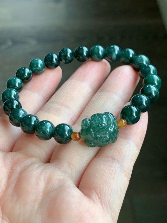 Natural Guatemalan Translucent Dark Teal Green jadeite Burmese Icy Green Marbled Jadeite Goldfish Beaded Bracelet 6.75” 天然缅甸冰飘花翡翠金鱼冰危深绿圆珠手串