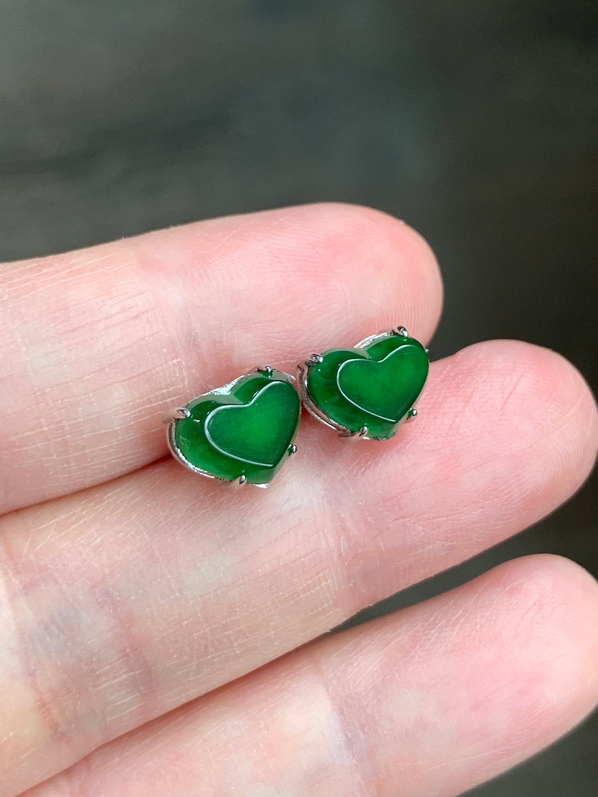 Natural Guatemalan Icy Highly Translucent Vibrant Green Jadeite Heart Shaped Stud Earrings S925 Sterling Silver 天然冰危绿翡翠爱心银耳钉