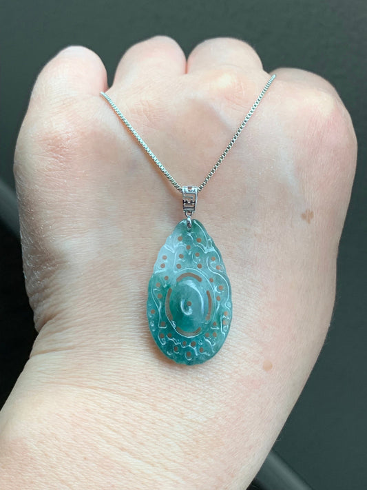 Natural Burmese Icy Translucent Gelatinous Teal Green Marbled Jadeite Engraved Teardrop Pendant 18K White Gold Bail 天然缅甸冰胶飘蓝花翡翠仿古雕水滴镶嵌吊坠