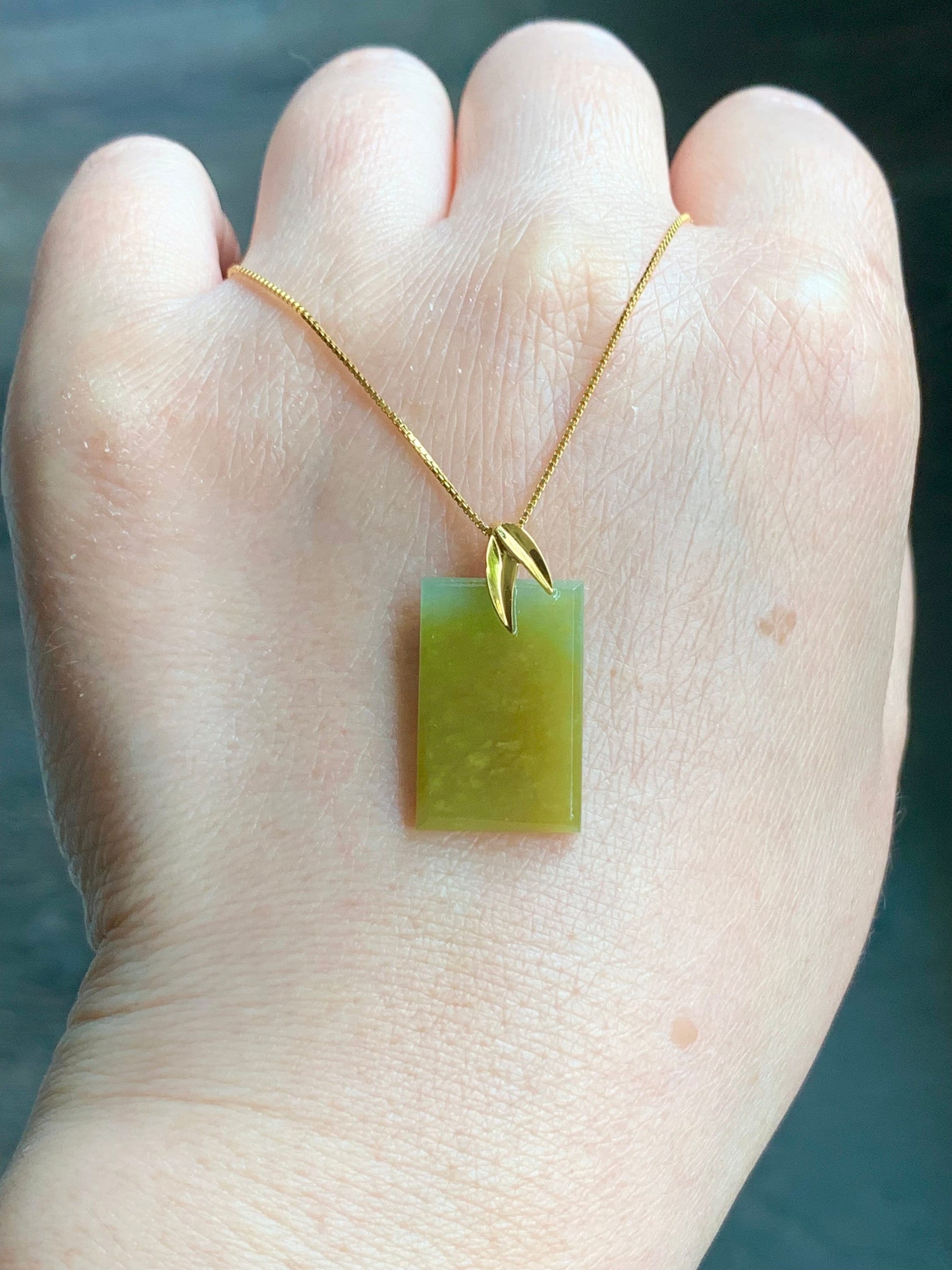 Certified Natural Guatemalan Icy Translucent Vibrant Yellow Jadeite Wu Shi Pai Pendant 18K Yellow Gold Bamboo Leaf 天然冰危老种浓黄翡翠无事牌竹叶镶嵌吊坠 063