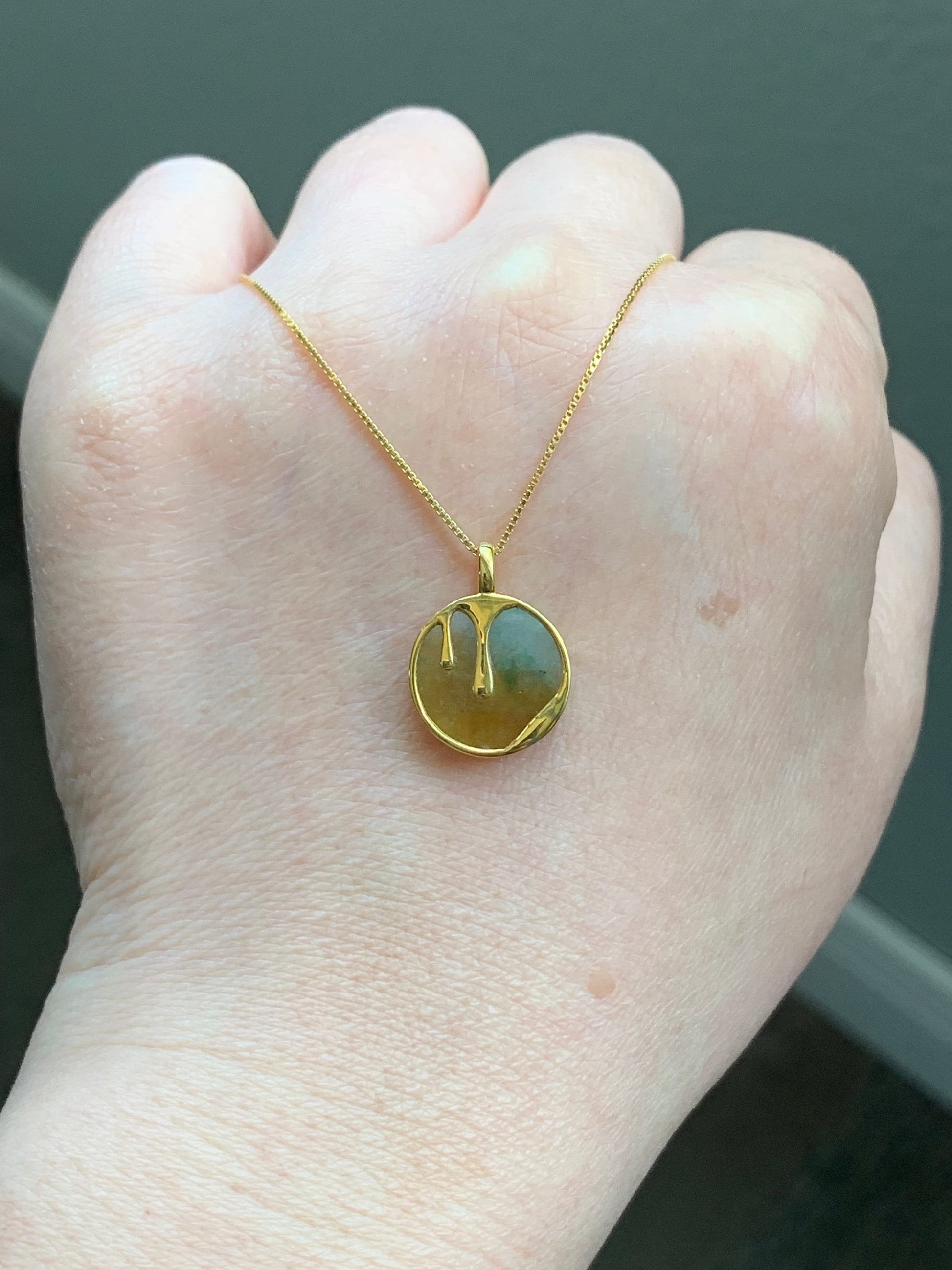 Certified Natural Burmese Icy Translucent Yellow & Green Jadeite Wu Shi Pai Coin Pendant 18K Yellow Gold 天然缅甸冰黄加绿翡翠无事牌镶嵌吊坠 7062
