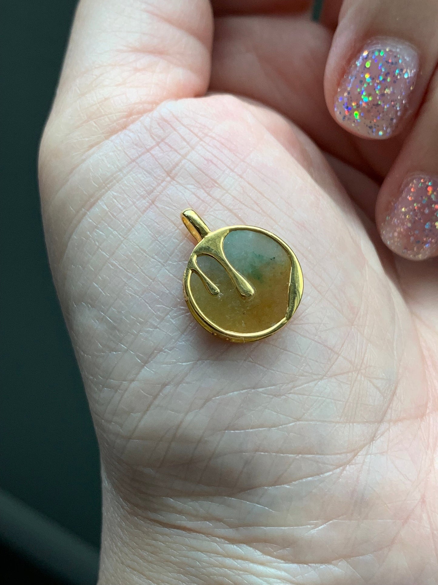Certified Natural Burmese Icy Translucent Yellow & Green Jadeite Wu Shi Pai Coin Pendant 18K Yellow Gold 天然缅甸冰黄加绿翡翠无事牌镶嵌吊坠 7062