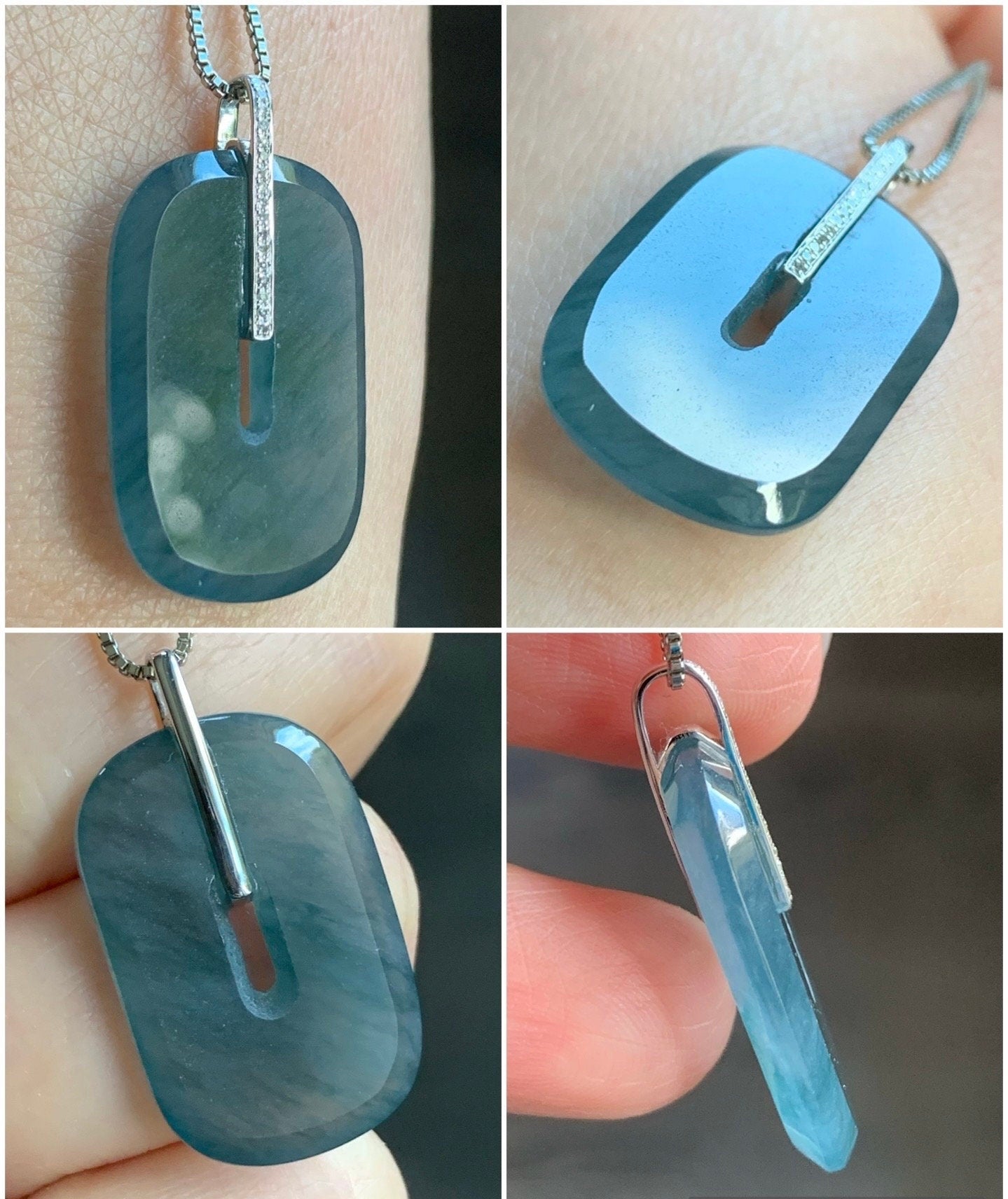 Certified Natural Guatemalan Icy Highly Translucent Blue Jadeite Ping An Kou Donut Pendant 18K White Gold & Diamond 天然高冰危深蓝翡翠平安扣镶嵌吊坠 7051