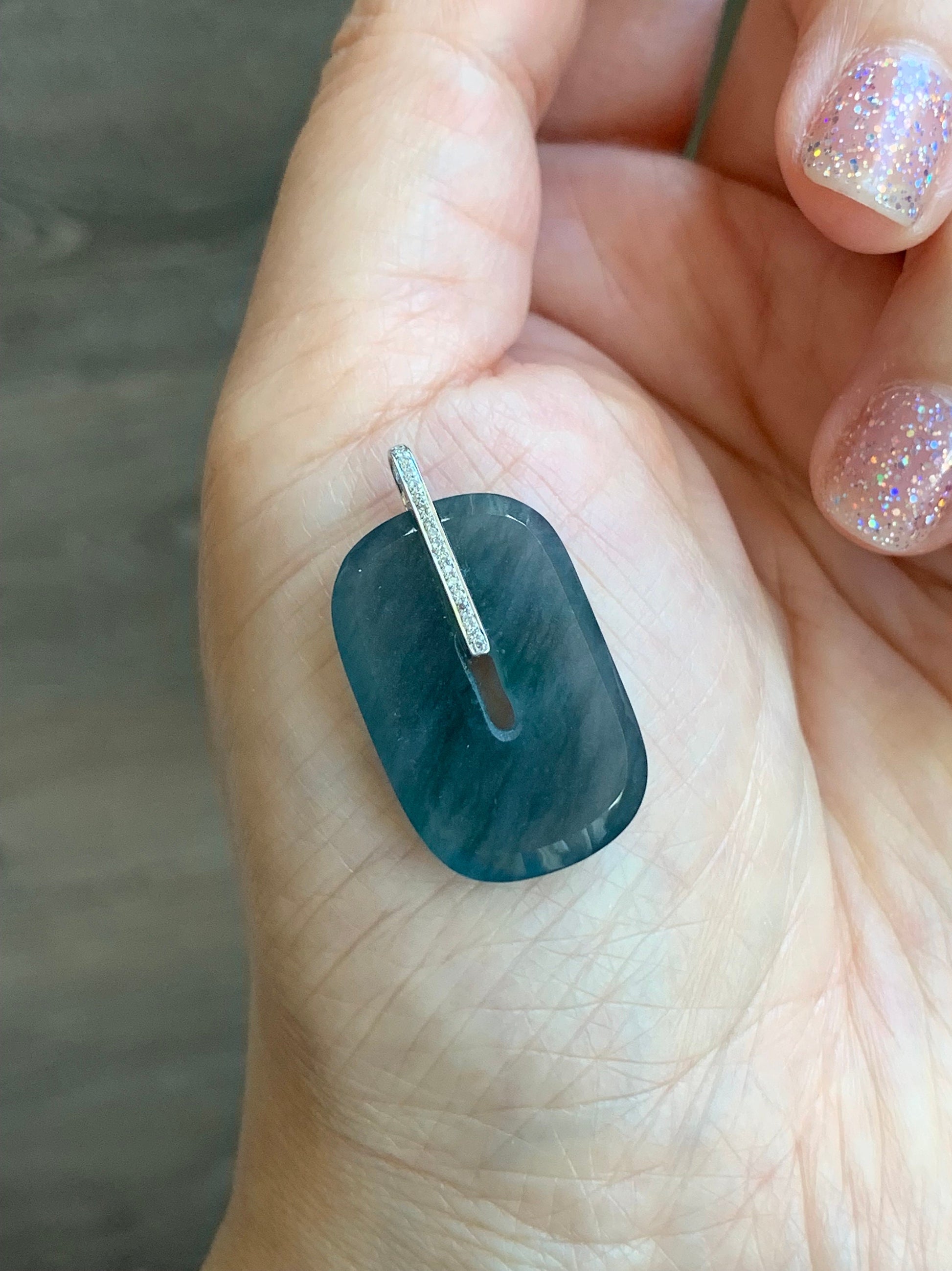 Certified Natural Guatemalan Icy Highly Translucent Blue Jadeite Ping An Kou Donut Pendant 18K White Gold & Diamond 天然高冰危深蓝翡翠平安扣镶嵌吊坠 7051