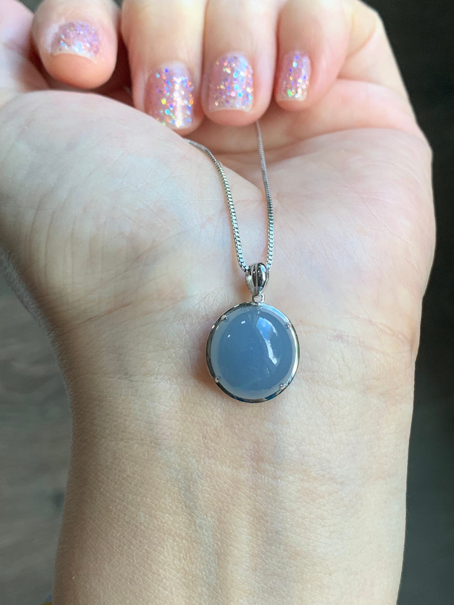 Certified Natural Guatemalan Icy Translucent Rich Blue Jadeite Large Oval Pendant 18K White Gold 天然冰危蓝紫翡翠椭圆蛋面镶嵌吊坠 7052