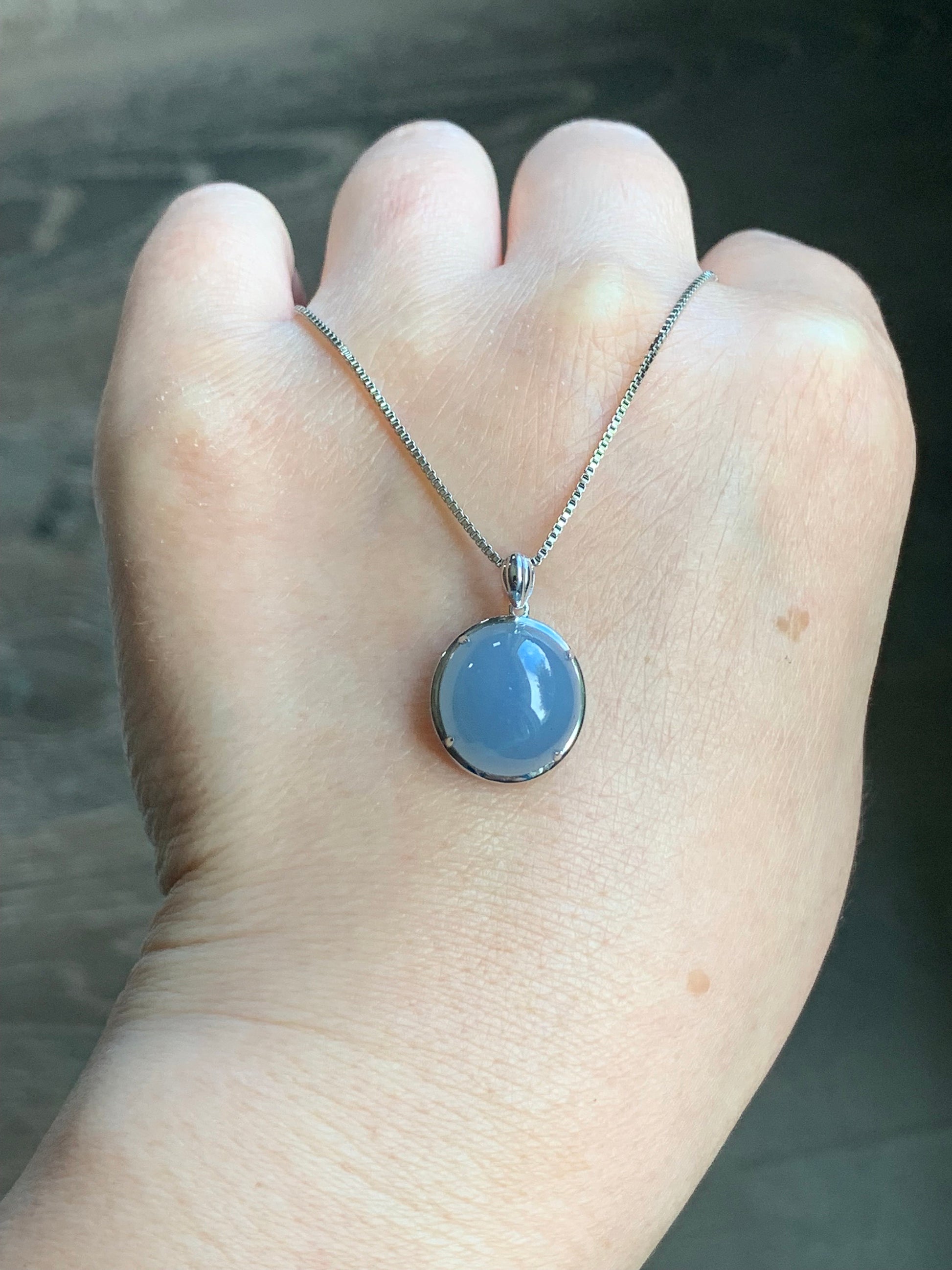 Certified Natural Guatemalan Icy Translucent Rich Blue Jadeite Large Oval Pendant 18K White Gold 天然冰危蓝紫翡翠椭圆蛋面镶嵌吊坠 7052