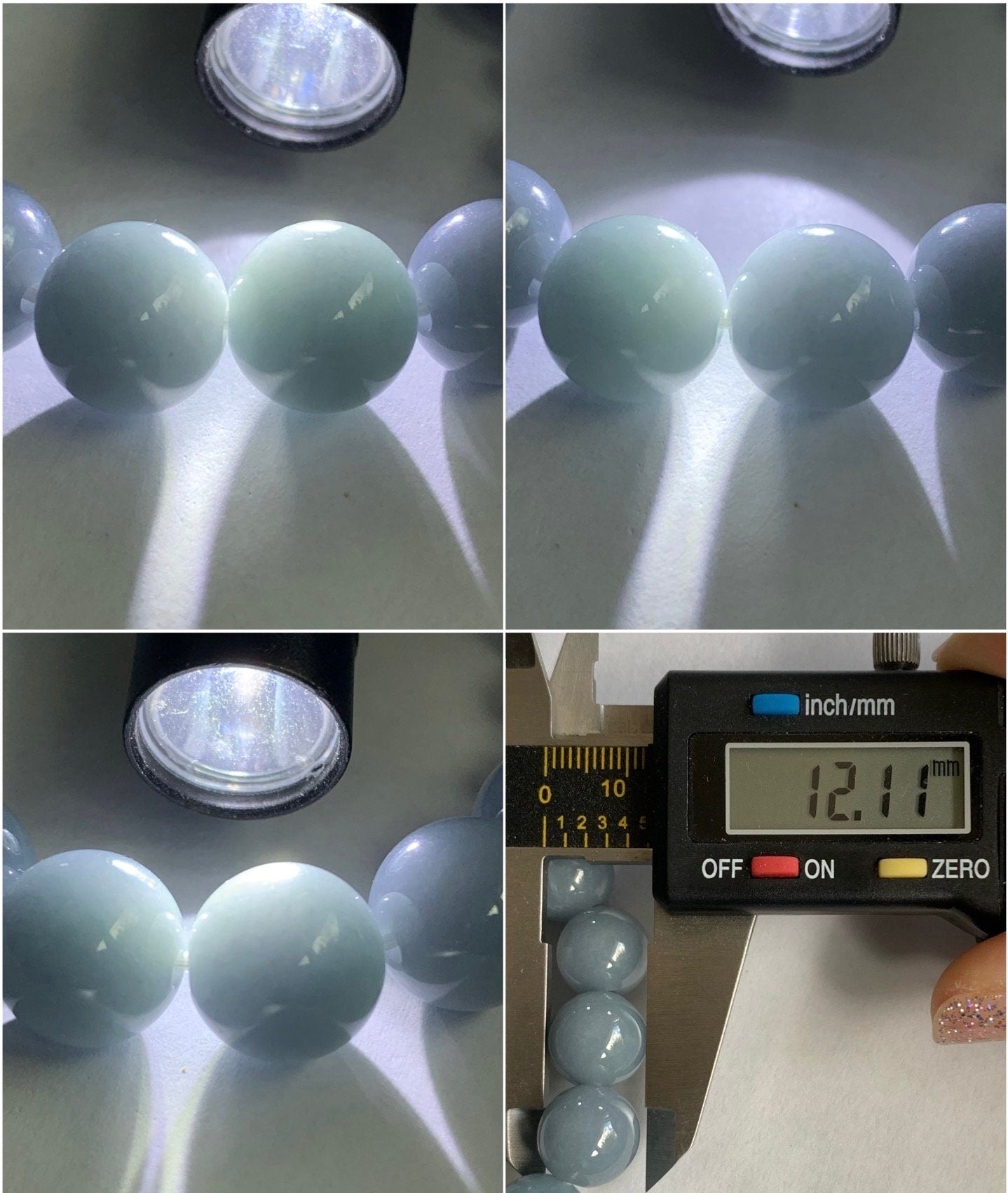 LARGE Certified Natural Guatemalan A Graded Icy Translucent Light Blue Jadeite Beaded Bracelet Stretchy 12mm 7.5" 50g 天然冰危淡蓝紫翡翠大卡圆珠手串 7084